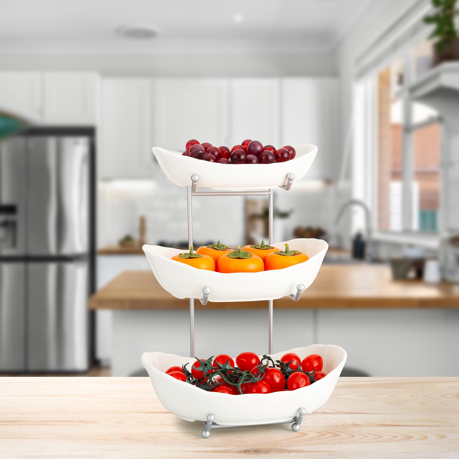 3-Tier Ceramic Fruit Bowl with Metal Stand - Elegant Kitchen Countertop Serving Bowl for Fruits, Vegetables, Snacks, Bread, Candy, Nuts, Cake & Desserts | Perfect for Dining Room, Party Display & Home Decor (White)