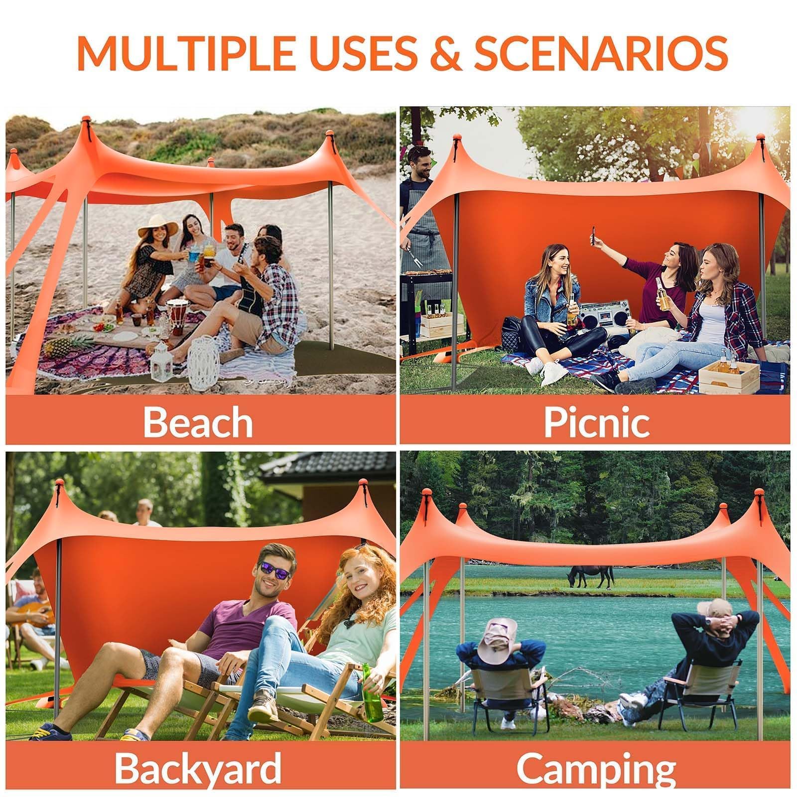 Gardentime Pop Up Beach Tent with 8 Sandbags & 4 Aluminum Poles - Portable Sun Shelter for Camping, Easy Setup Includes 2 Sand Shovels, Ground Pegs & Carrying Bag - Perfect for Outdoor Beach Trips, Picnics, Fishing and Family Vacations