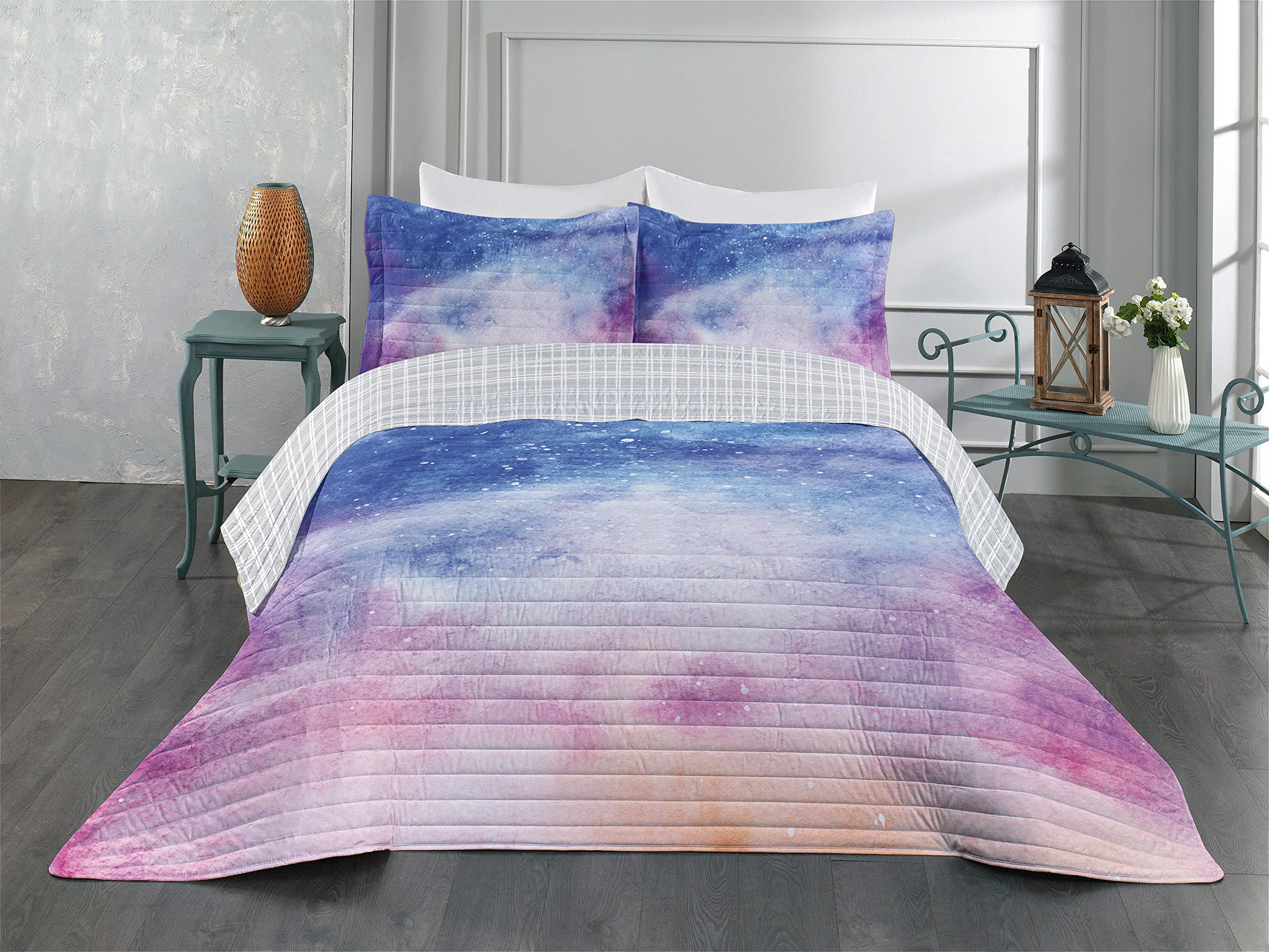 Ambesonne Reversible King Size Bedspread Set - Navy Blue & Blush Pink Watercolor Starry Galaxy Nebula Design, Microfiber Comforter & Pillow Shams - Perfect for Space Themed Bedrooms, Guest Rooms & Cozy Home Decor