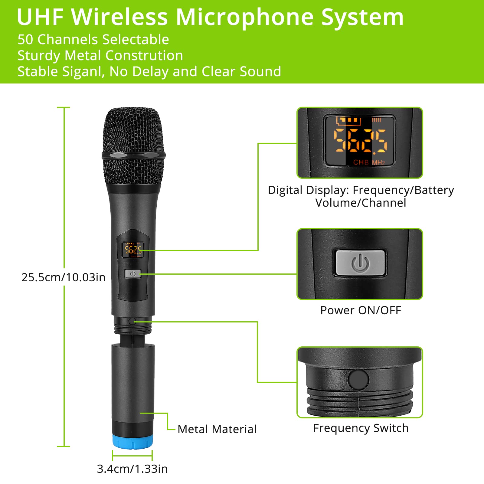 LiNKFOR Portable UHF 4-Channel Wireless Microphone System with 4 Handheld Mics, Bluetooth Connectivity for Smartphones, 50x4 Frequencies, Echo Effect, AUX In/Out - Ideal for Karaoke, Live Performances & Public Speaking