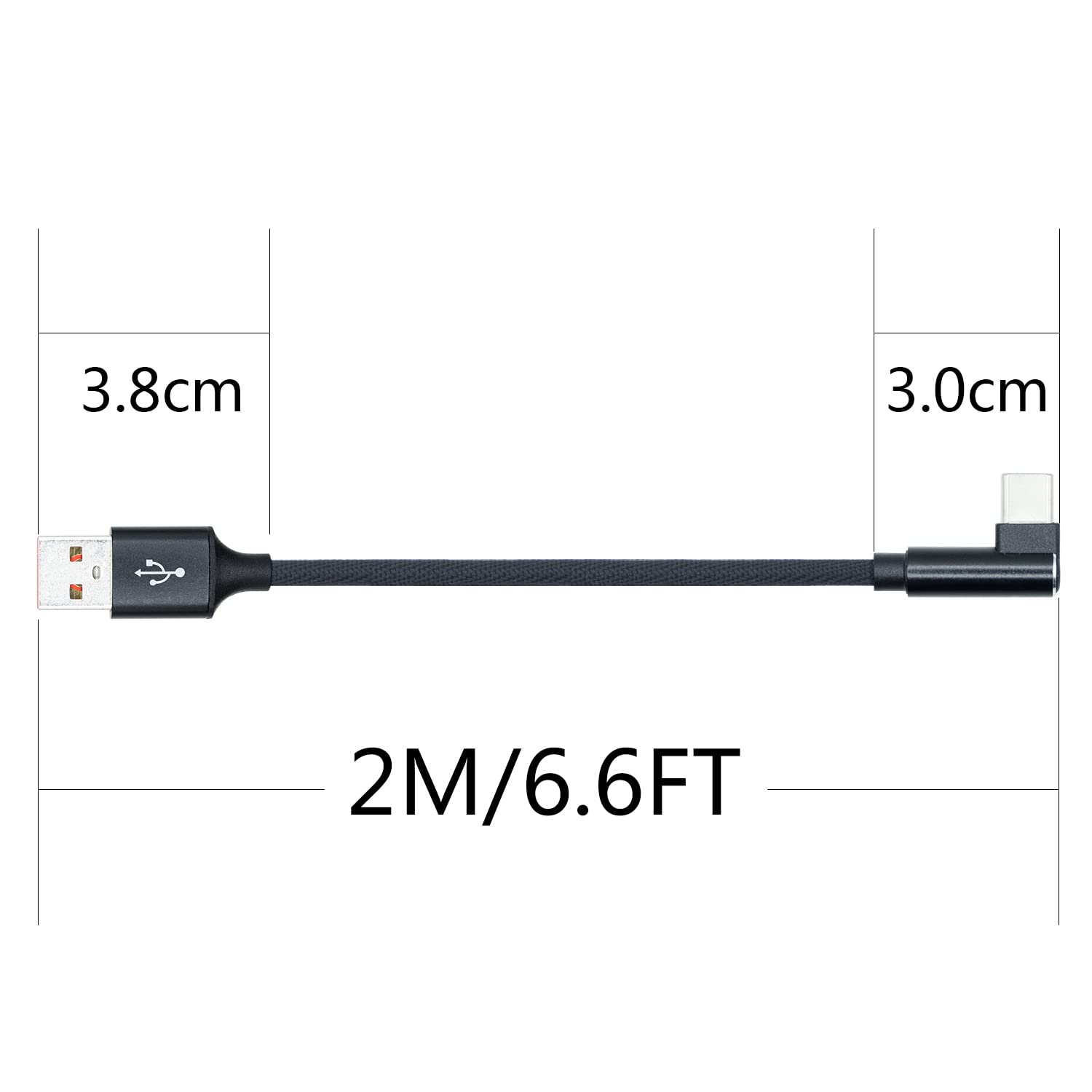90 Degree USB A to USB C Cable 6.6ft - 66W 6A Fast Charging & Data Transfer Braided Cable - Compatible with Samsung Galaxy, Huawei, iPhone 15, Pixel, iPad - Perfect for Home, Office & Travel Charging