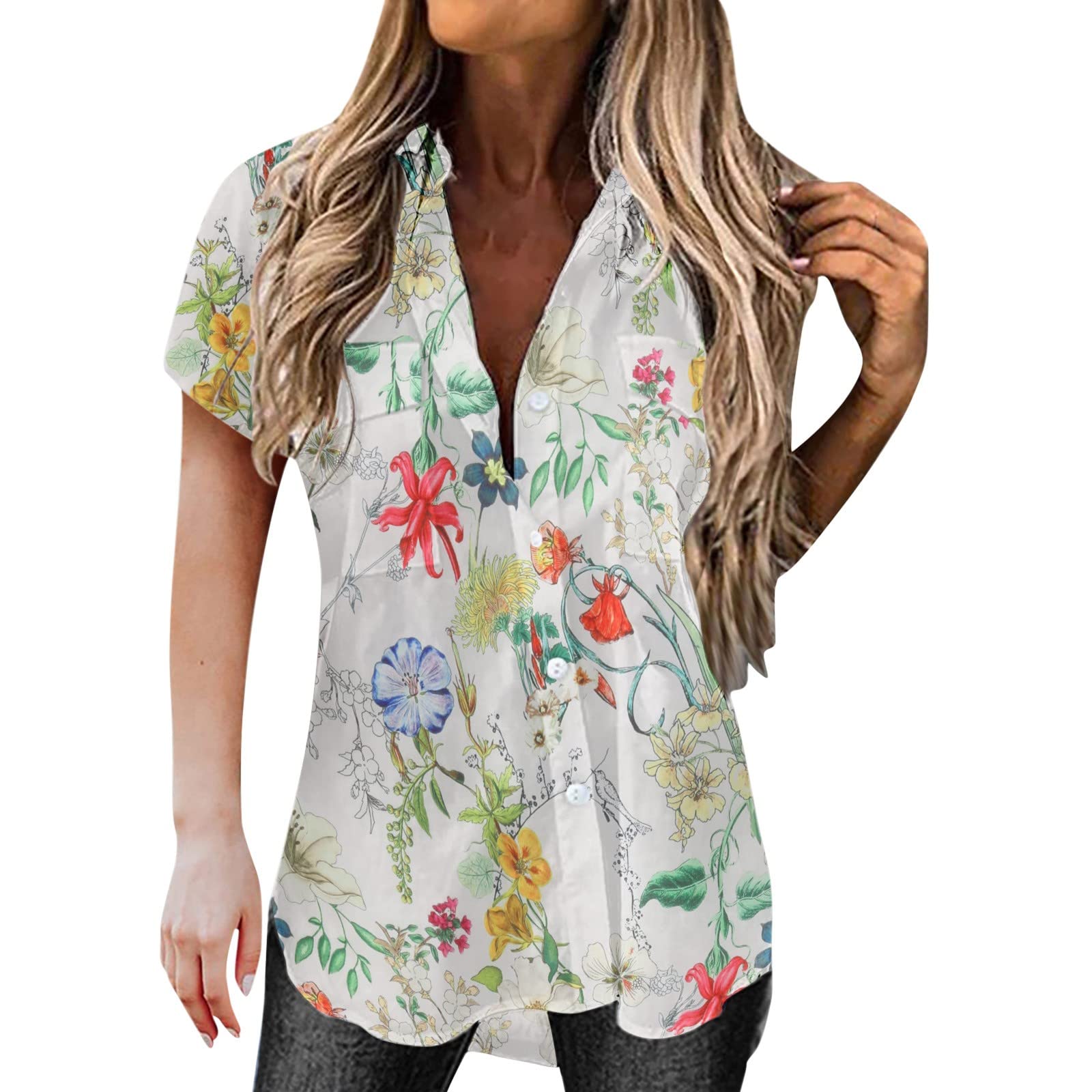Women's Casual Floral Print Blouse with Front Buttons & Lapel Cardigan - Short Sleeve Tops with Pockets for Work, Date Night & Spring Outfits