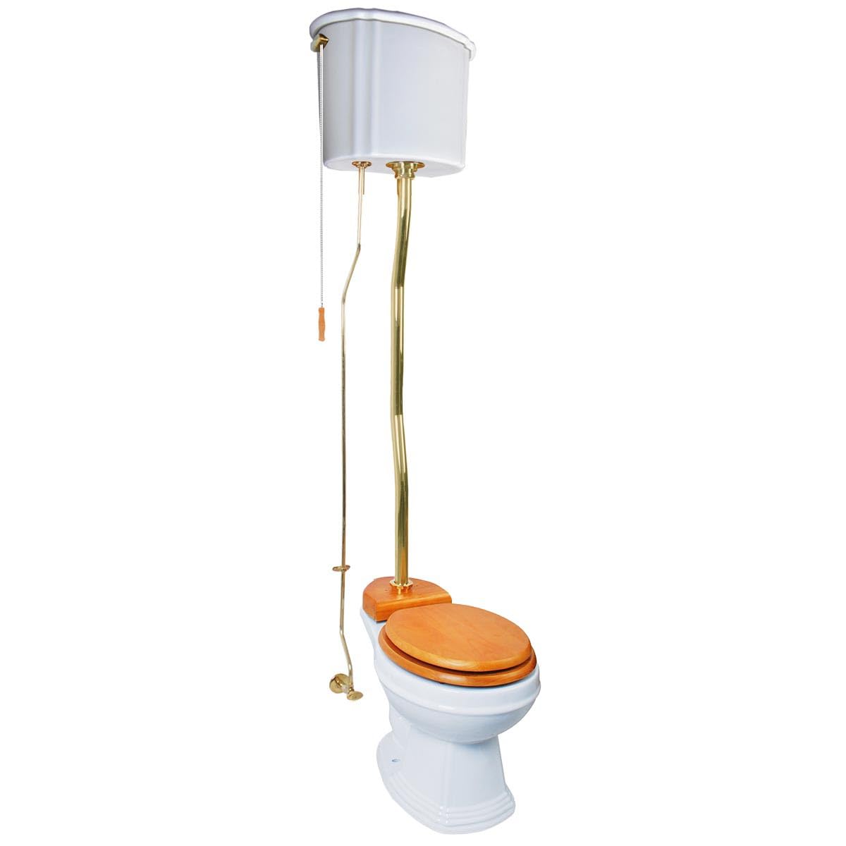 High Tank Pull Chain Toilet with White Ceramic Tank (63-78 in Adjustable Height) & Brass Z Pipe - Vintage Style Round Bowl for Bathroom Renovation | Perfect for Farmhouse, Cottage & Historic Home Restorations