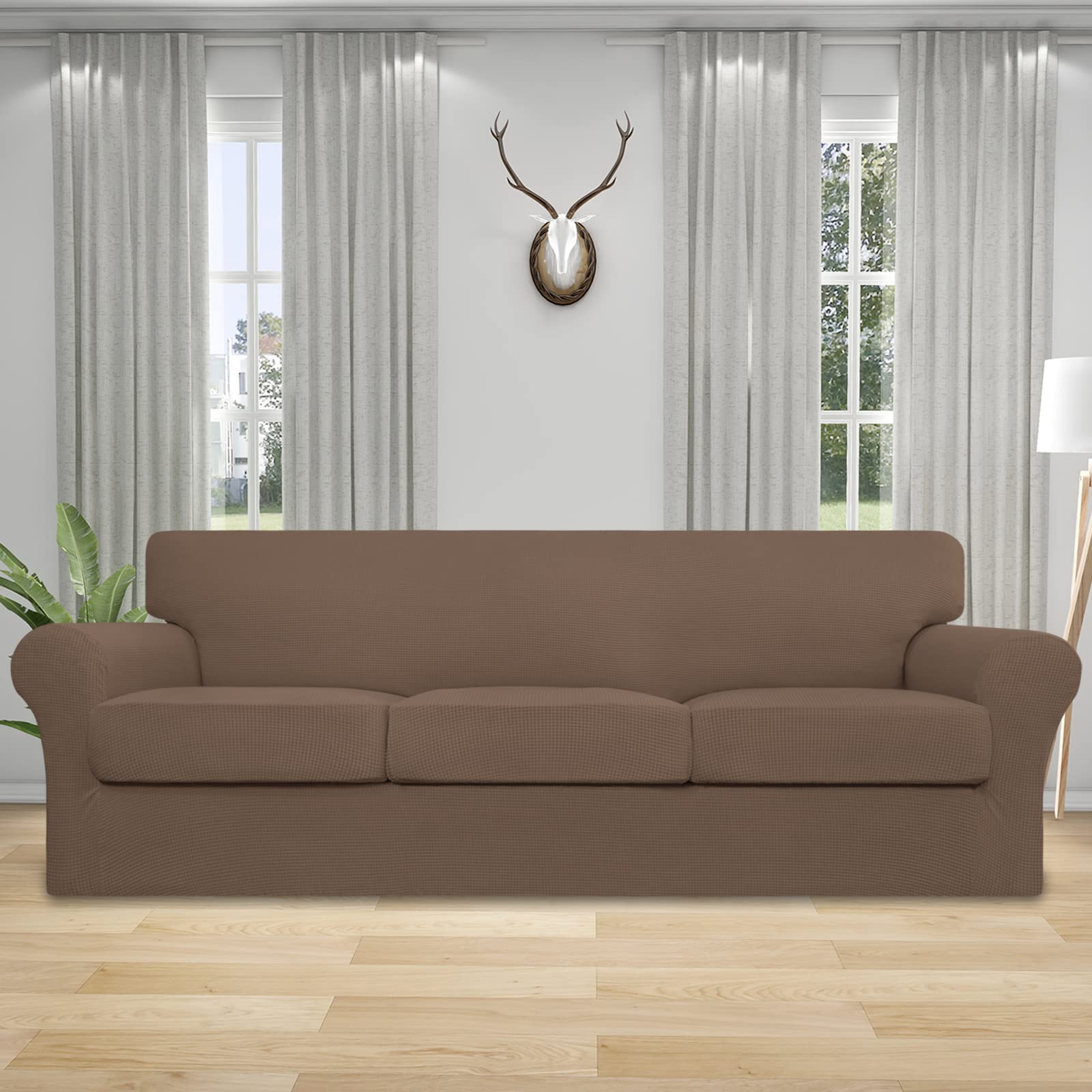 4-Piece Stretch Couch Cover for Oversized Sofas - Washable Spandex Elastic Furniture Protector for Pets & Kids - Fits 3 Separate Cushions - Brown (Perfect for Pet Owners & Families with Children)