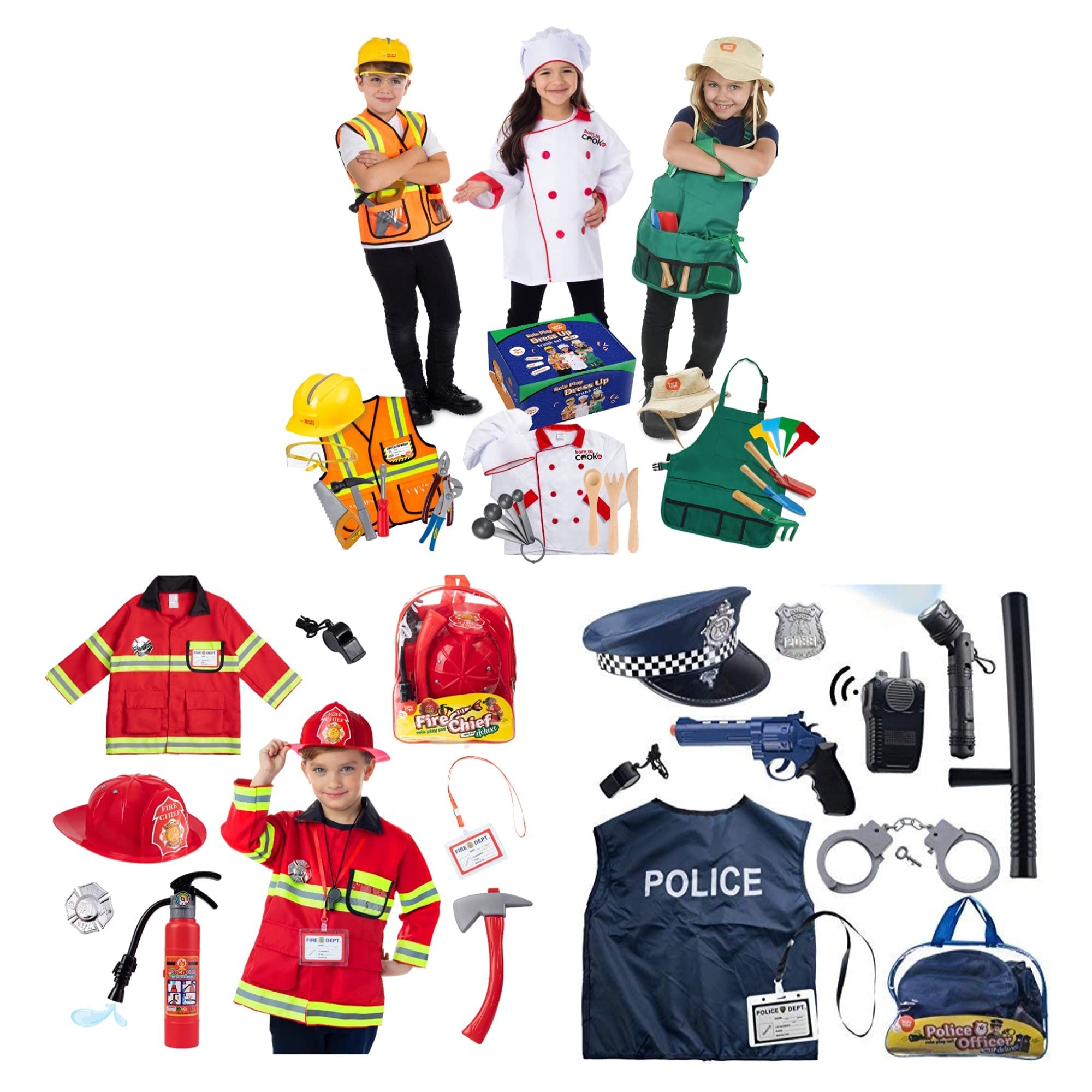 Born Toys Kids Dress Up Costume Set - Police, Fireman, Construction Worker, Gardening & Chef Role Play Outfits for Boys & Girls Ages 3-7 | Pretend Play, Birthday Parties & Halloween Costumes