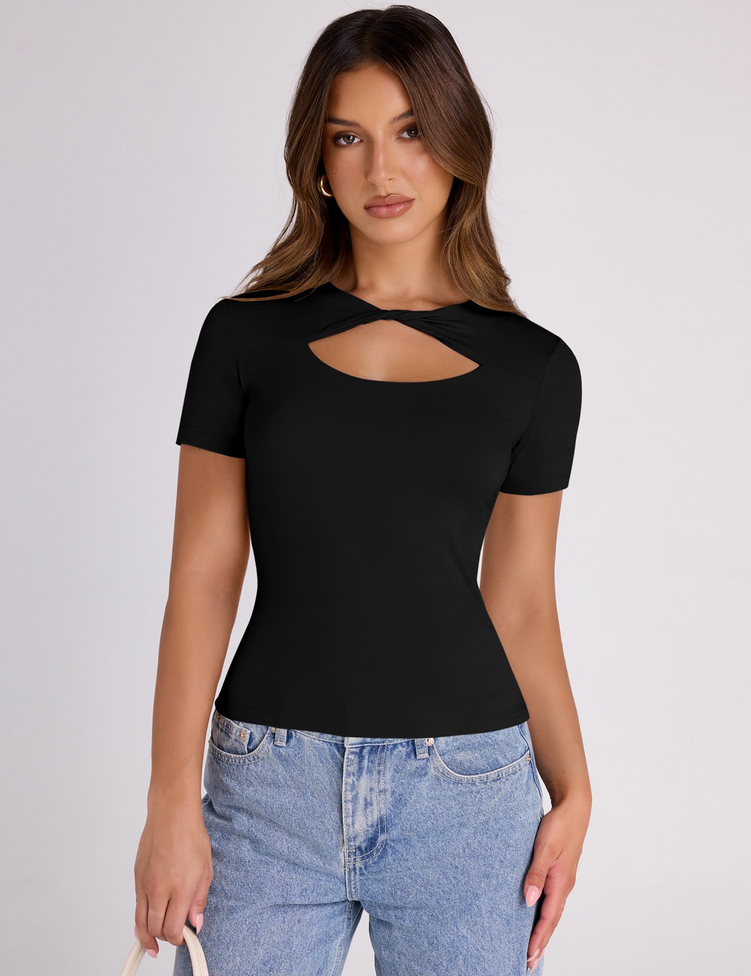 Micoson Women's Crew Neck Cutout Short Sleeve Shirts - Double Lined Knot Front Fitted Tops for Casual Outings, Dates & Night Out | Trendy Tight Fit Fashion Top for Women