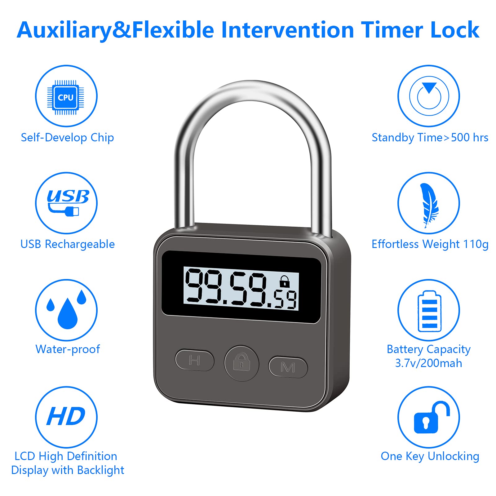 Upgraded Smart Timer Alloy Lock - 100 Hours Max Rechargeable LCD Display Padlock (Black) | Ideal for Gym Lockers, Storage Units & Travel Luggage Security