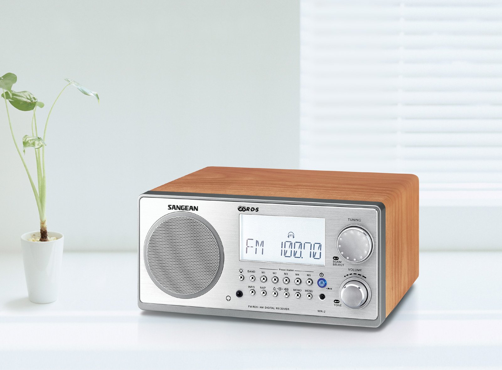 Sangean WR-2 AM/FM-RBDS Wooden Cabinet Digital Tuning Radio with Alarm Clock & Sleep Timer - Walnut Finish | Perfect for Home, Office, Kitchen, and Outdoor Use