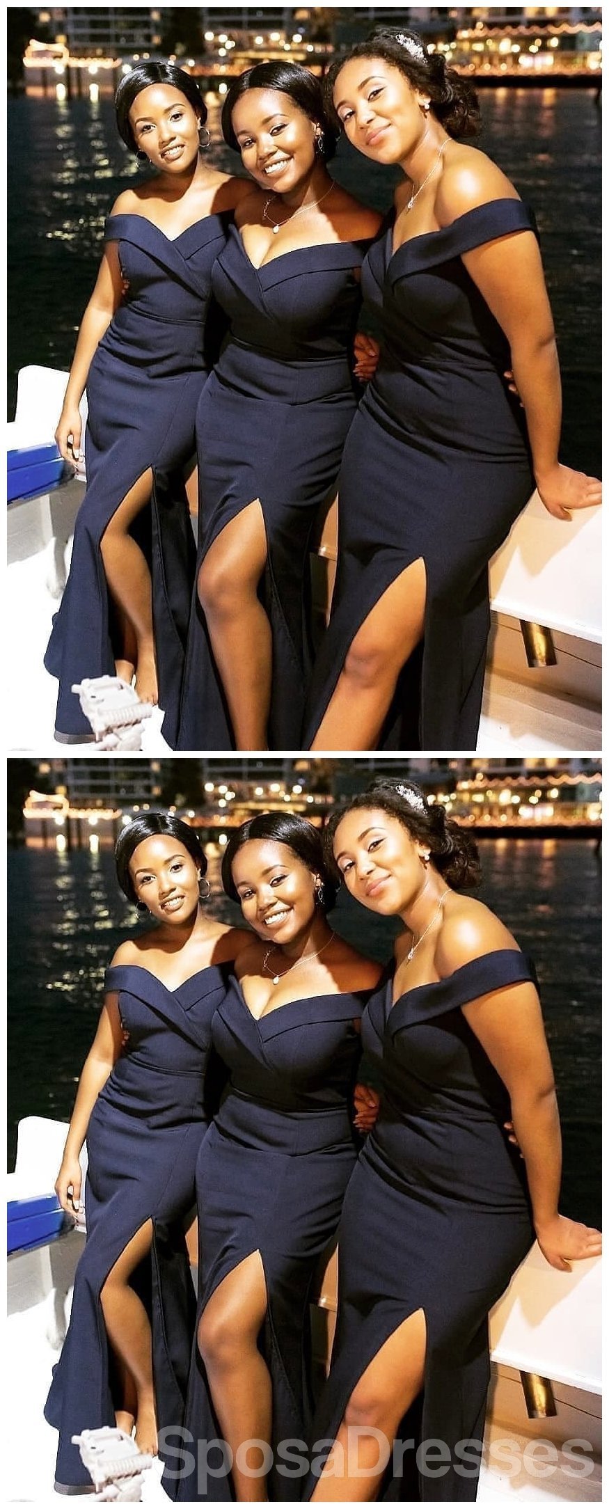 Elegant Navy Off-Shoulder Mermaid Bridesmaid Dress with Side Slit - Long Formal Gown for Weddings, Prom & Special Occasions | Style WG644