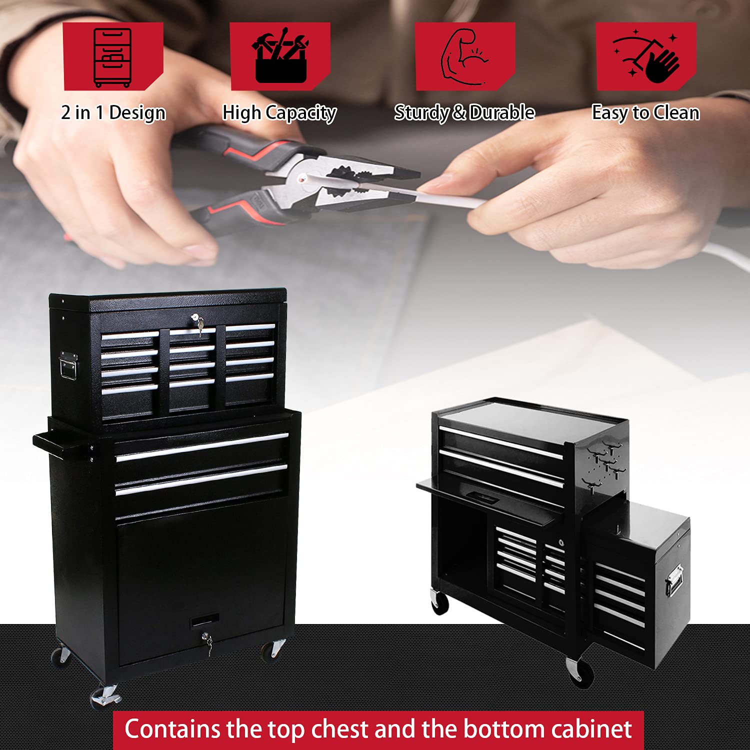 8-Drawer Rolling Tool Chest - 2-in-1 High Capacity Tool Box & Detachable Organizer, Heavy-Duty Tool Storage Cabinet with 4 Wheels & Lockable Lined Drawers for Garage, Warehouse, Workshop, DIY Projects (Black) - Perfect for Mechanics, Carpenters, and Home Improvement Enthusiasts