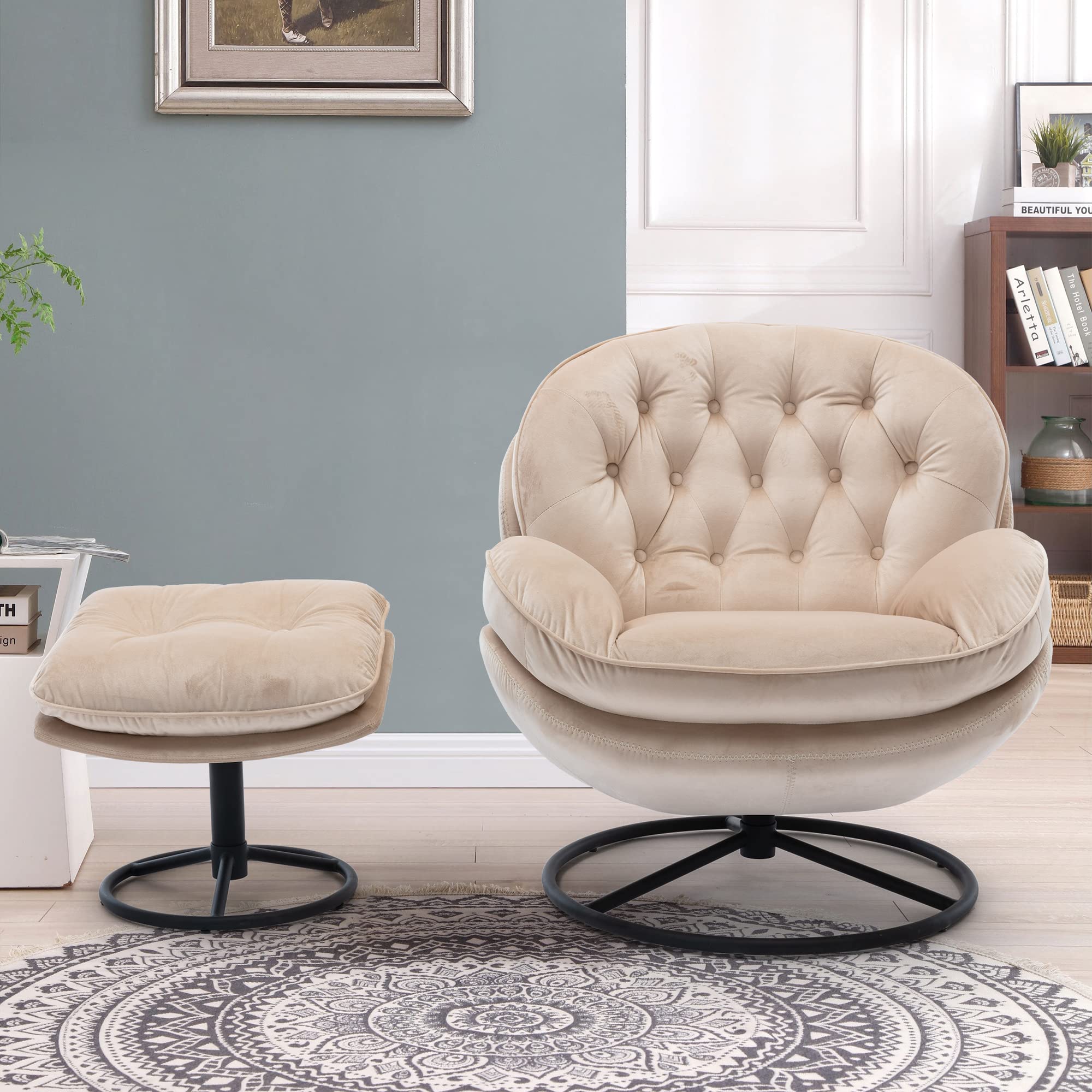 Modern Velvet Swivel Accent Chair with Ottoman Set - Comfy Lounge Armchair with Sturdy Metal Base & Footrest for Living Room, Bedroom, Reading Nook - Perfect TV Chair & Relaxation Spot (Beige)