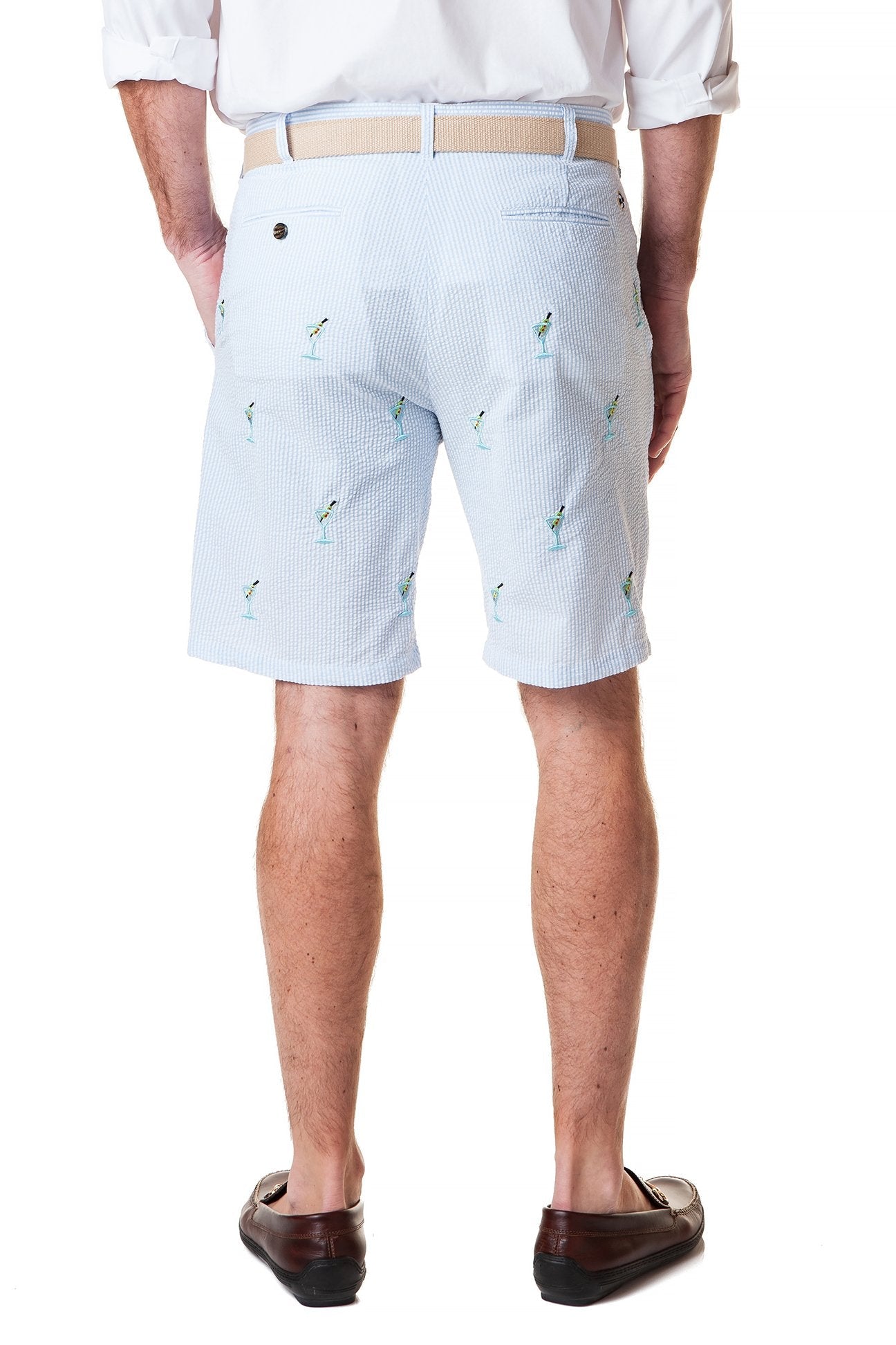 Cisco Embroidered Short Sleeve Blue Seersucker Shirt with Martini Design | Casual Summer Wear for Men | Perfect for Beach Parties & Outdoor Events