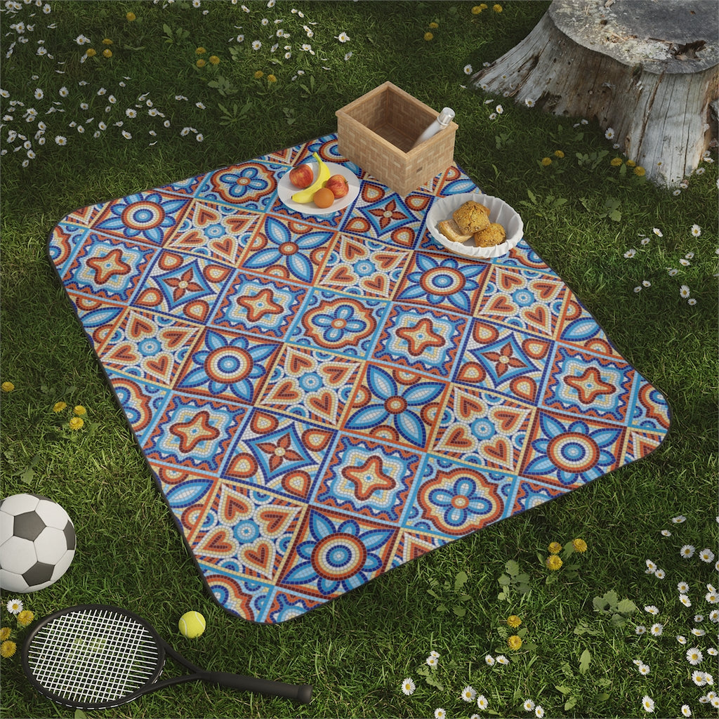 Waterproof Picnic Blanket with Mosaic Tile Pattern - Large Outdoor Beach Blanket for Park, Camping & Picnics - Portable with Carrying Strap - Perfect Gift for Outdoor Enthusiasts