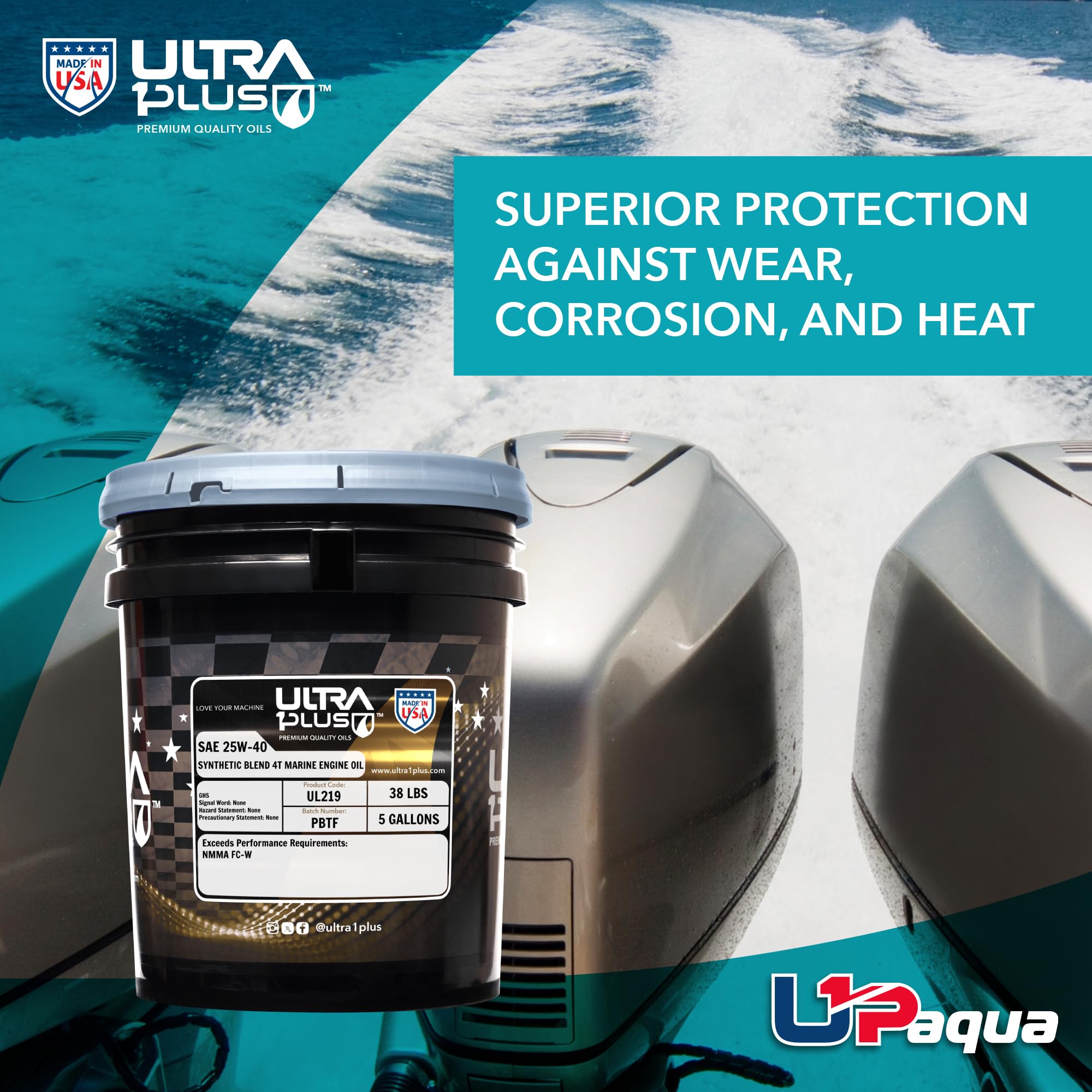 U1P-Aqua SAE 25W-40 Synthetic Blend 4T Marine Engine Oil - NMMA FC-W Certified (5 Gallon Pail) - Ideal for Outboard Motors, Jet Skis & Marine Engines