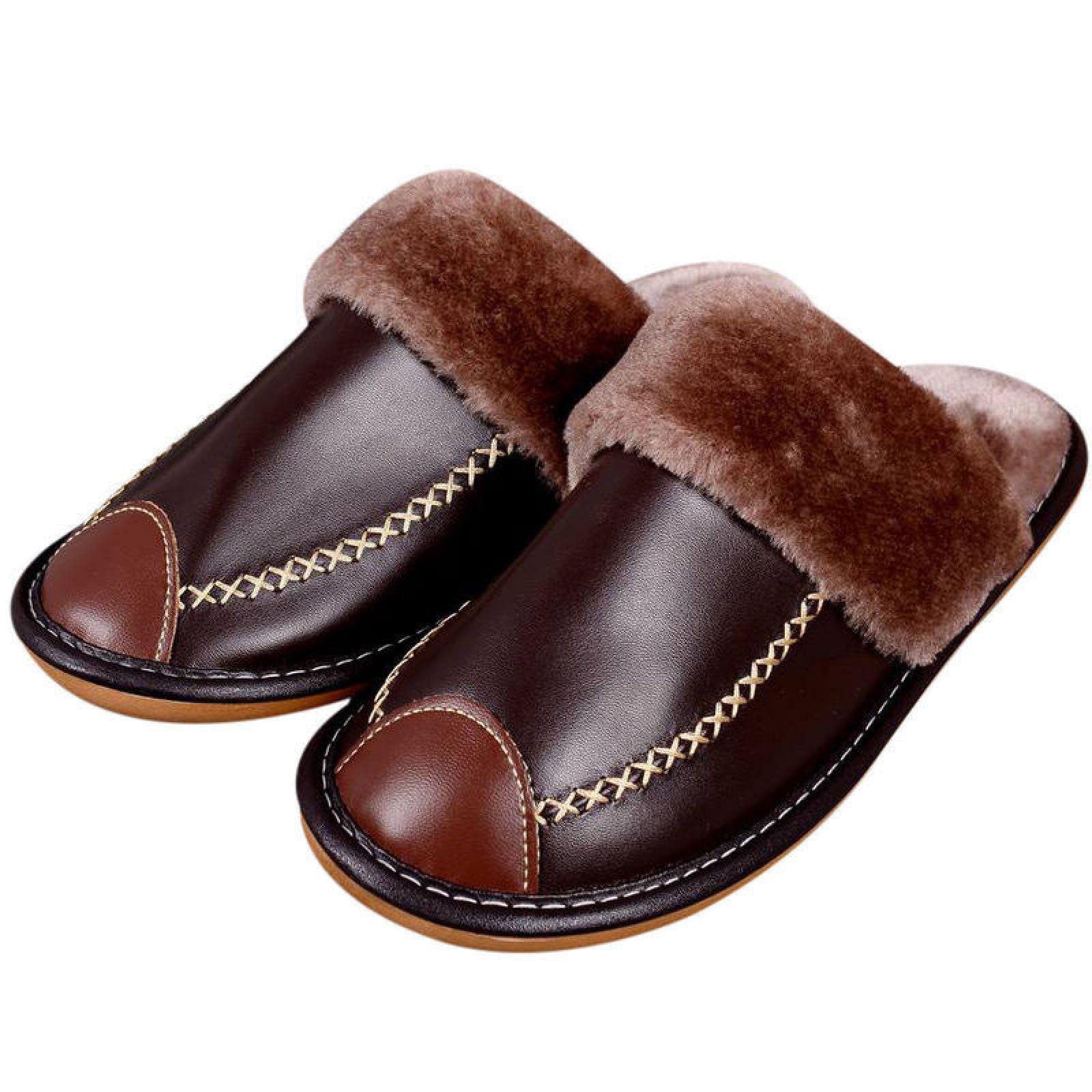 HIjova Men's Leather Slippers - Winter Waterproof Thick Velvet Lined Indoor House Slides - Warm Cotton Slippers for Home, Office & Bedroom - Size 8 Brown - Perfect for Relaxing at Home or Casual Office Wear