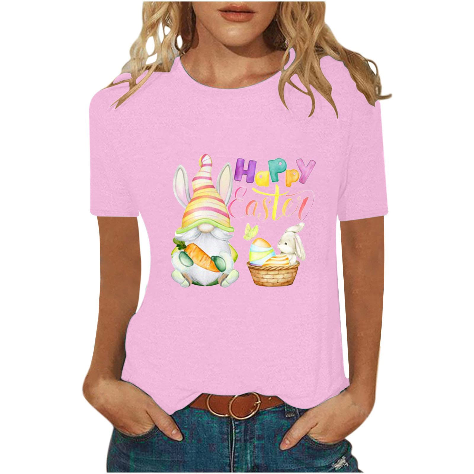 Funny Easter Gnome T-Shirt for Women - Cute Rabbit Egg Graphic Short Sleeve Crewneck Top | Perfect for Easter Parties, Spring Outfits & Casual Wear