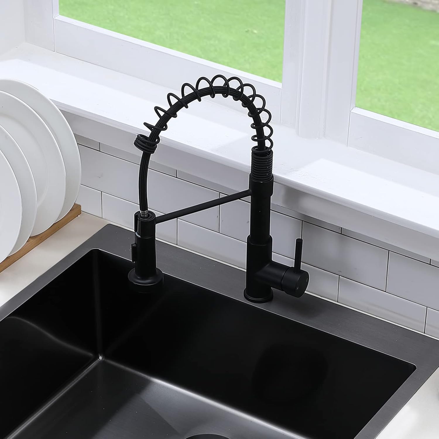 Modern Stainless Steel Matte Black Kitchen Faucet with Pull Down Sprayer - Single Handle Spring Sink Faucet for Farmhouse, RV, Camper, Laundry & Wet Bar (1 Hole No Deck Plate) - Perfect for Outdoor Cooking & Small Space Kitchens