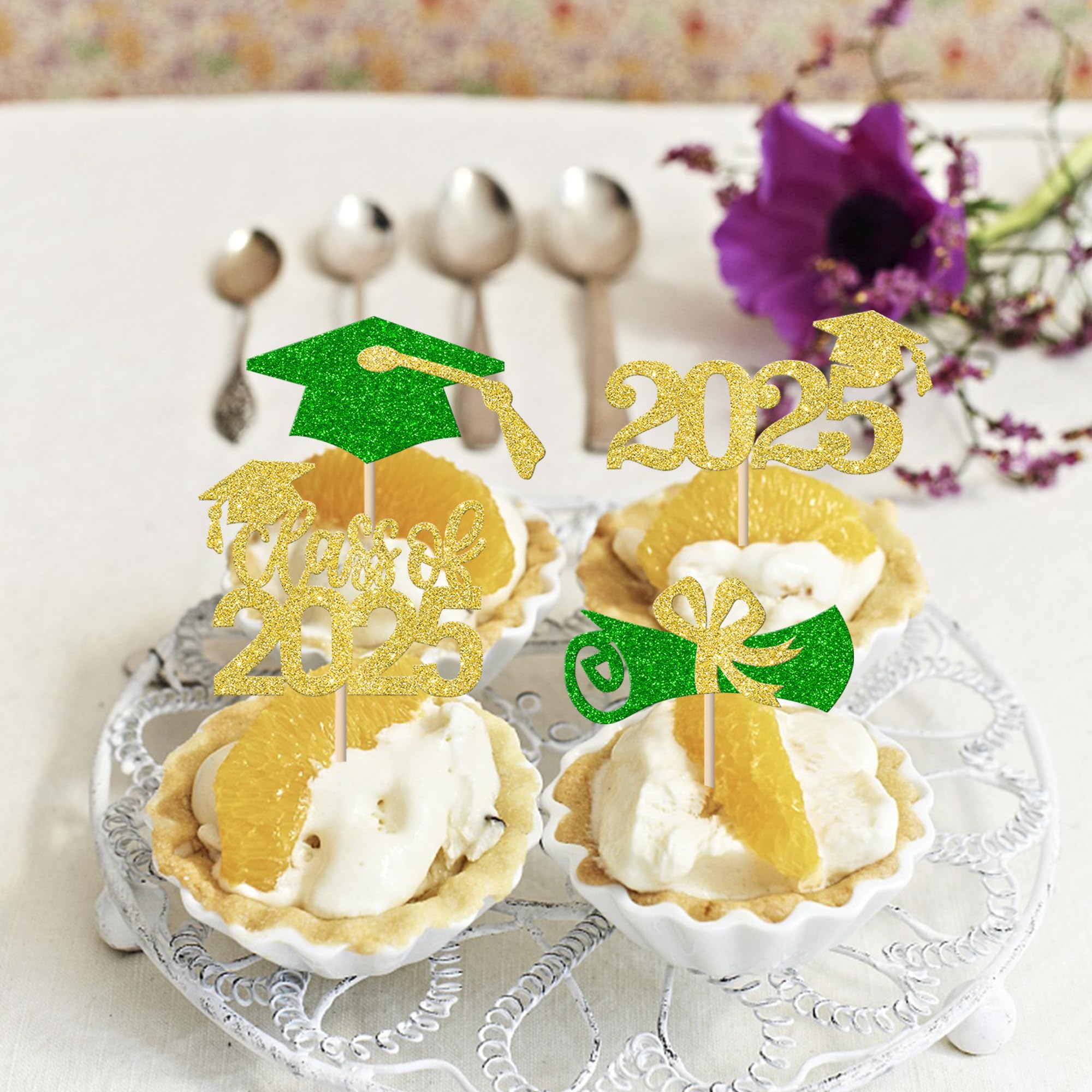 Rsstarxi 36 Pack Class of 2025 Graduation Cupcake Toppers - Glitter Graduation Cap & Diploma Cake Decorations in Green & Gold - Perfect for Graduation Parties, School Celebrations & Dessert Table Decor