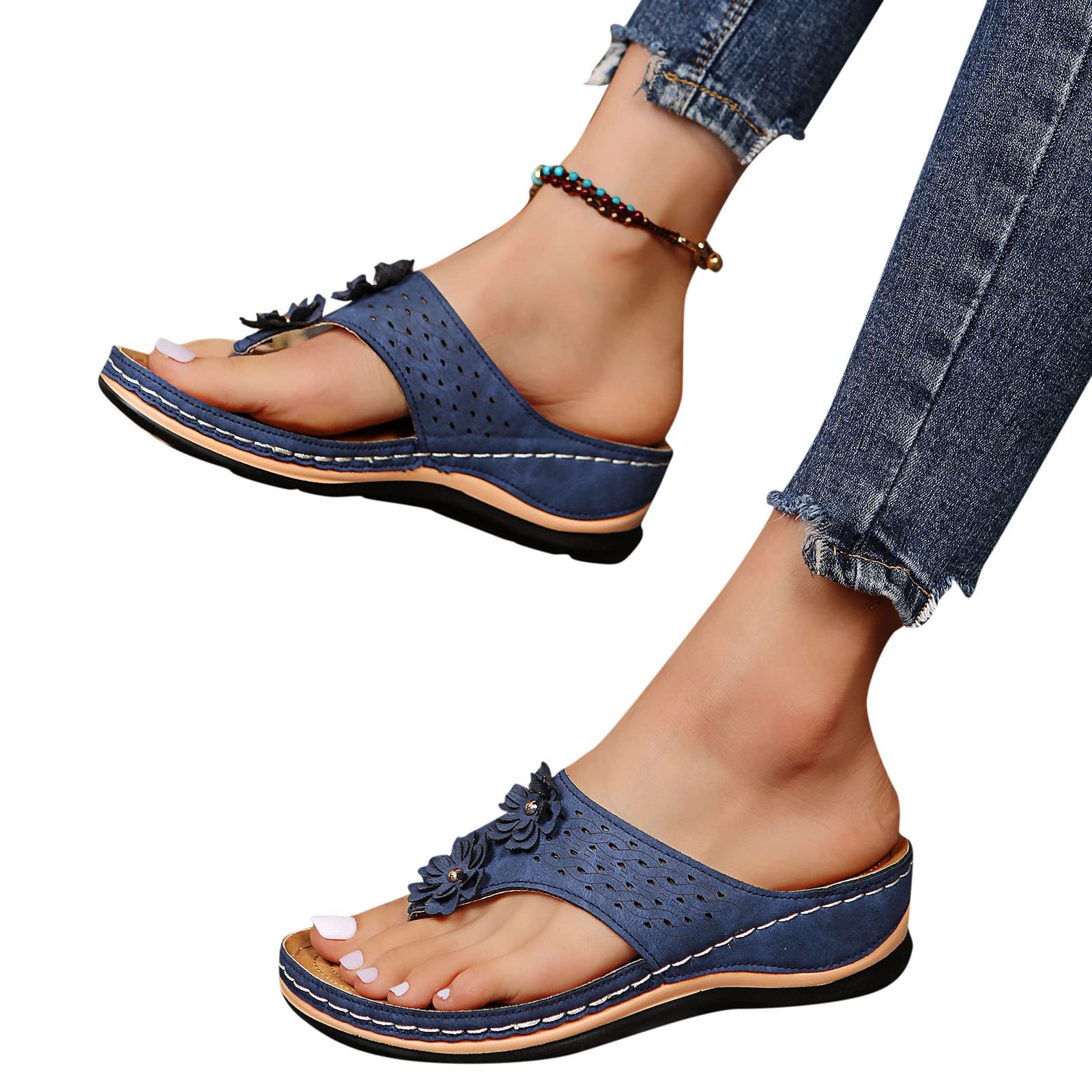Women's Boho Wedge Sandals - Stylish Slip-On Cutout Thong Sandals for Casual Outings & Summer Vacations