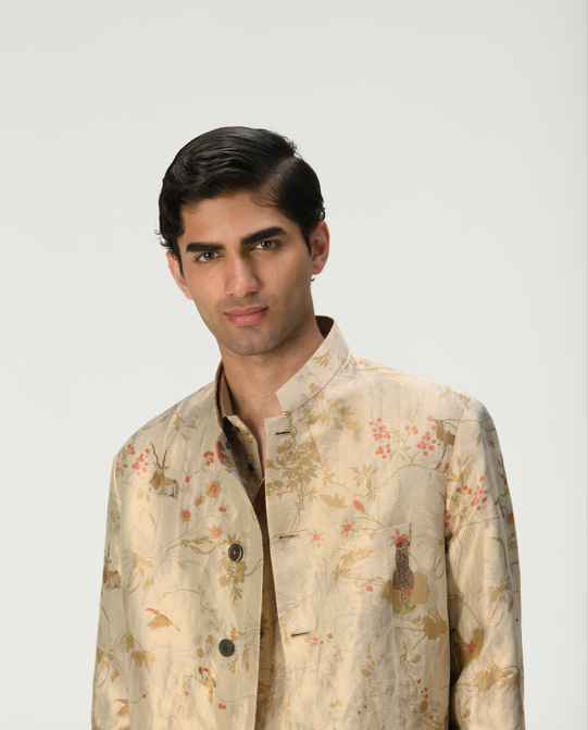 Elegant Bandhgala Silk Brocade Ivory Jacket for Men | Traditional Indian Wedding Sherwani | Perfect for Festivals, Ceremonies & Special Occasions