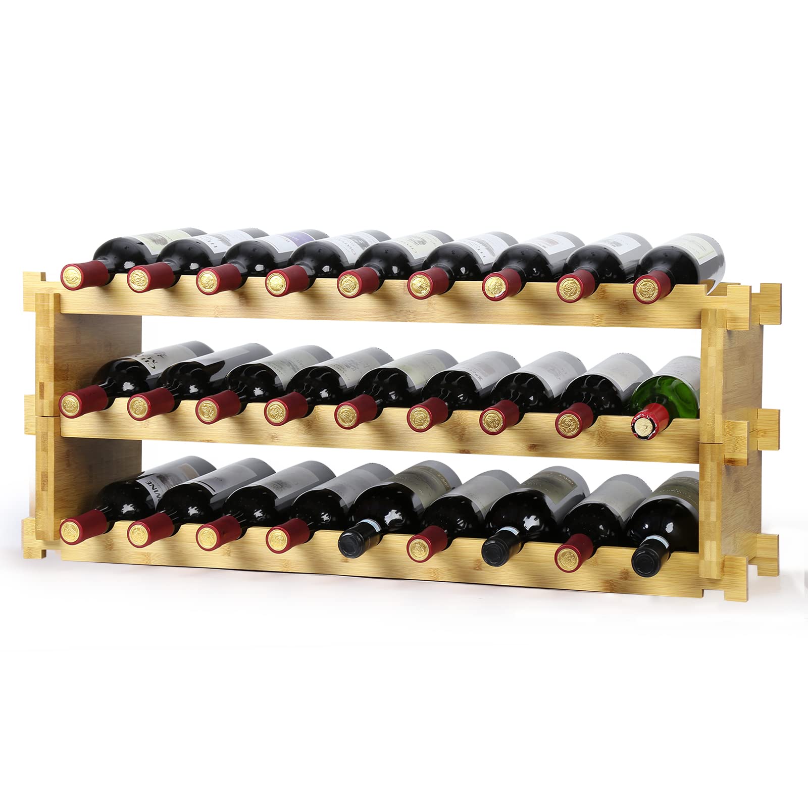Finnhomy 27-Bottle Bamboo Wine Rack - 3-Tier Stackable Wine Storage Shelf for Kitchen, Bar & Dining Room - Natural Wood Wine Bottle Holder Organizer for Home & Office Decor