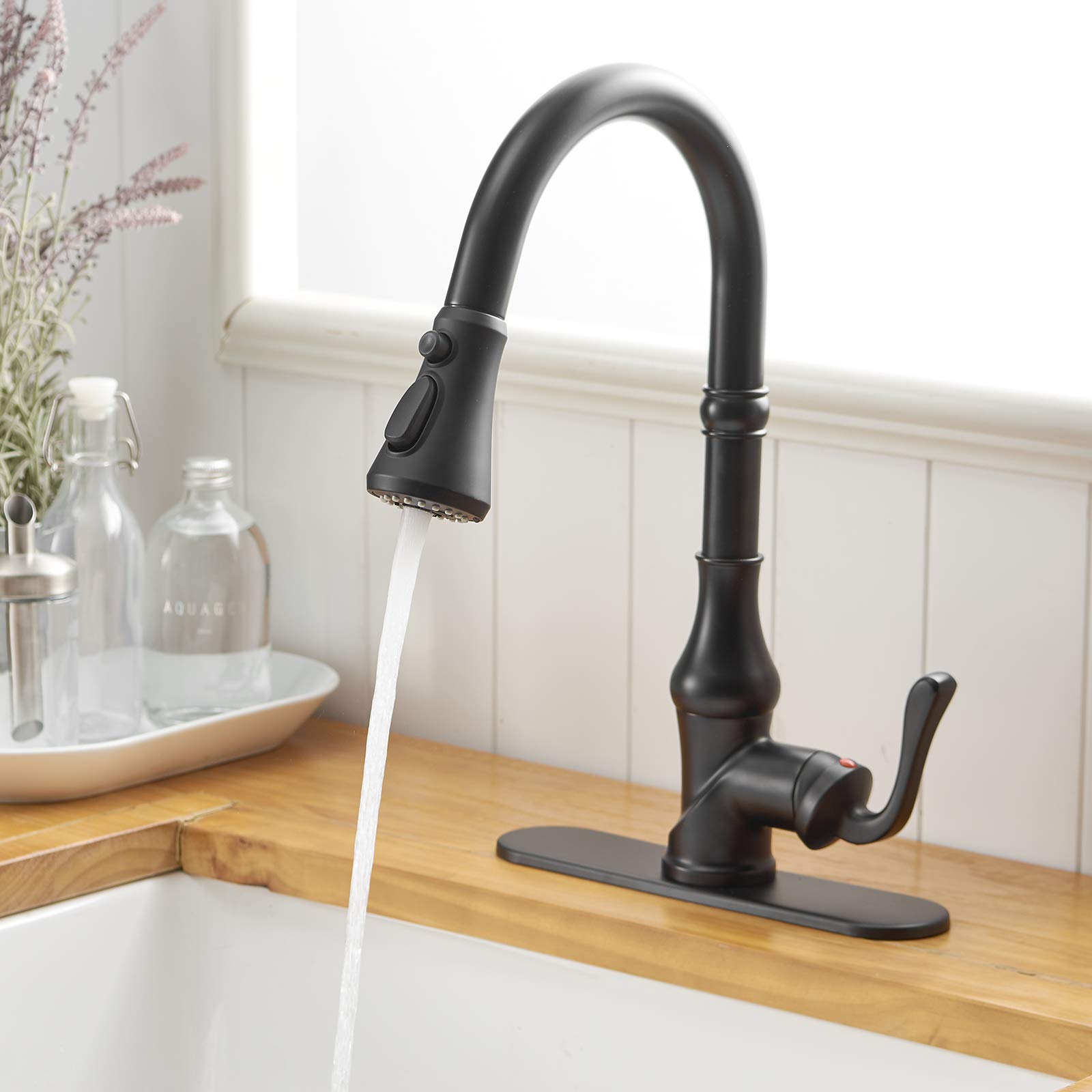 Matte Black Pull-Out Sprayer Kitchen Faucet - 3 Spray Modes, Single Handle Gooseneck Design, High Arc Farmhouse Sink Faucet with Deck Plate | Perfect for Commercial Bars & Modern Kitchens
