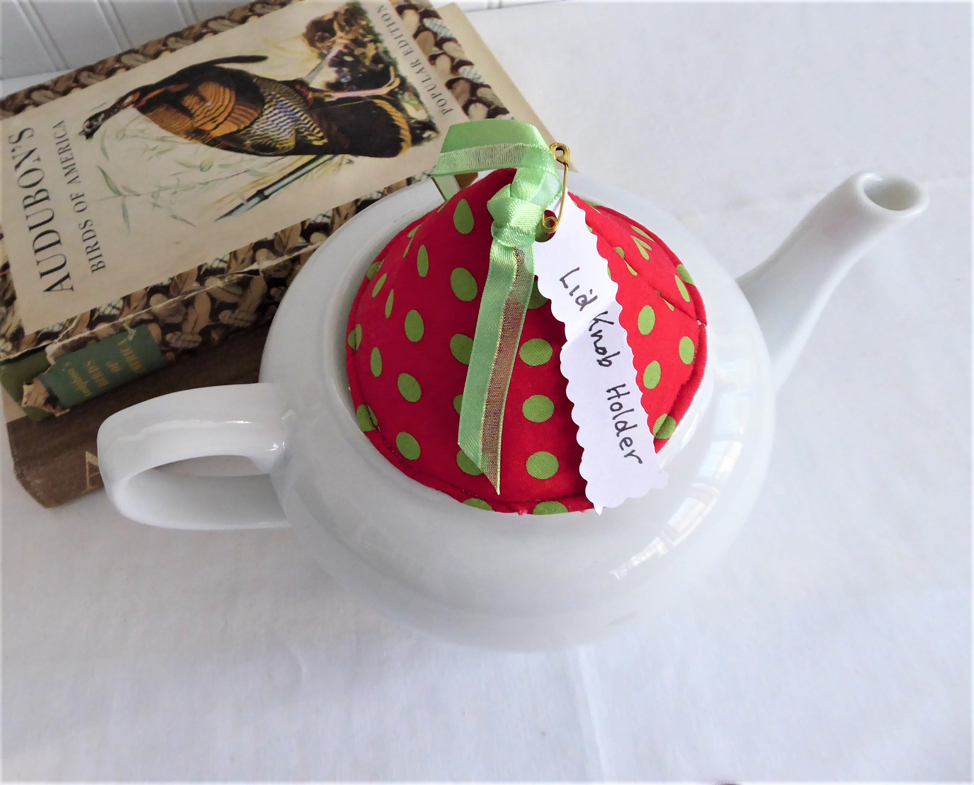 Red and Green Polka Dot Teapot Knob Holder - Padded with White and Green Polka Dots Inside - Perfect for Hot Teapots, Kettles, and Kitchen Safety Accessories