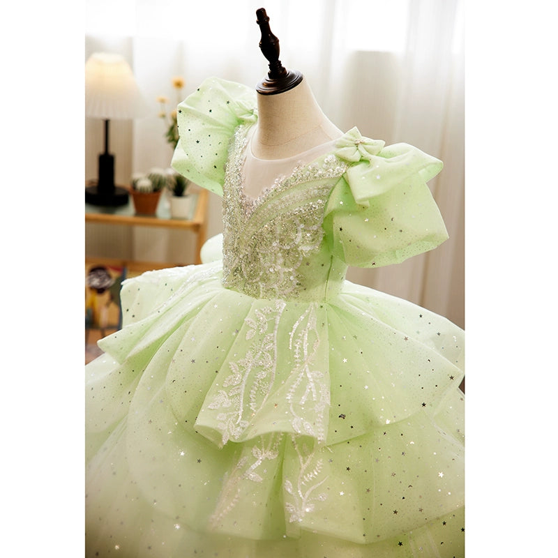 Sage Green Princess Round Floor Length Organza Flower Girl Dress for Weddings, Bridal Parties & Special Occasions