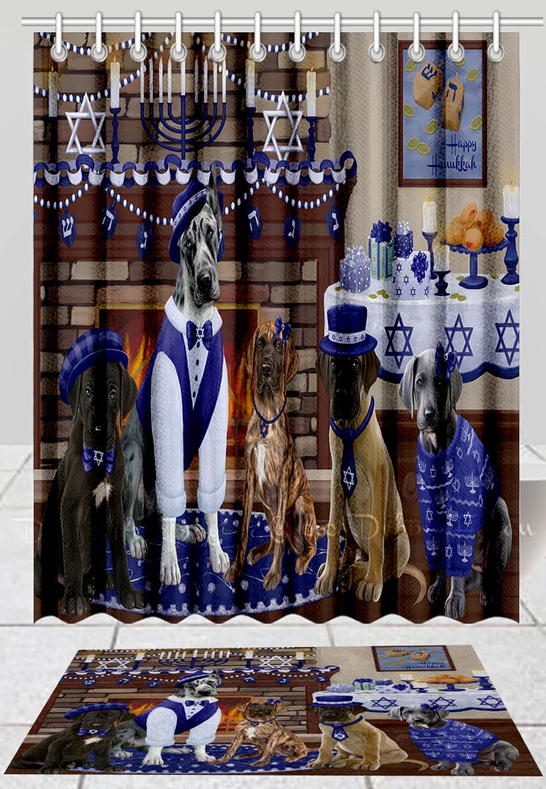 Happy Hanukkah Family Great Dane Dogs Bath Mat & Shower Curtain Set - Anti-Slip Bathroom Decor, Plush Rug & Polyester Bathtub Curtain with Hooks (Bath Mat 16