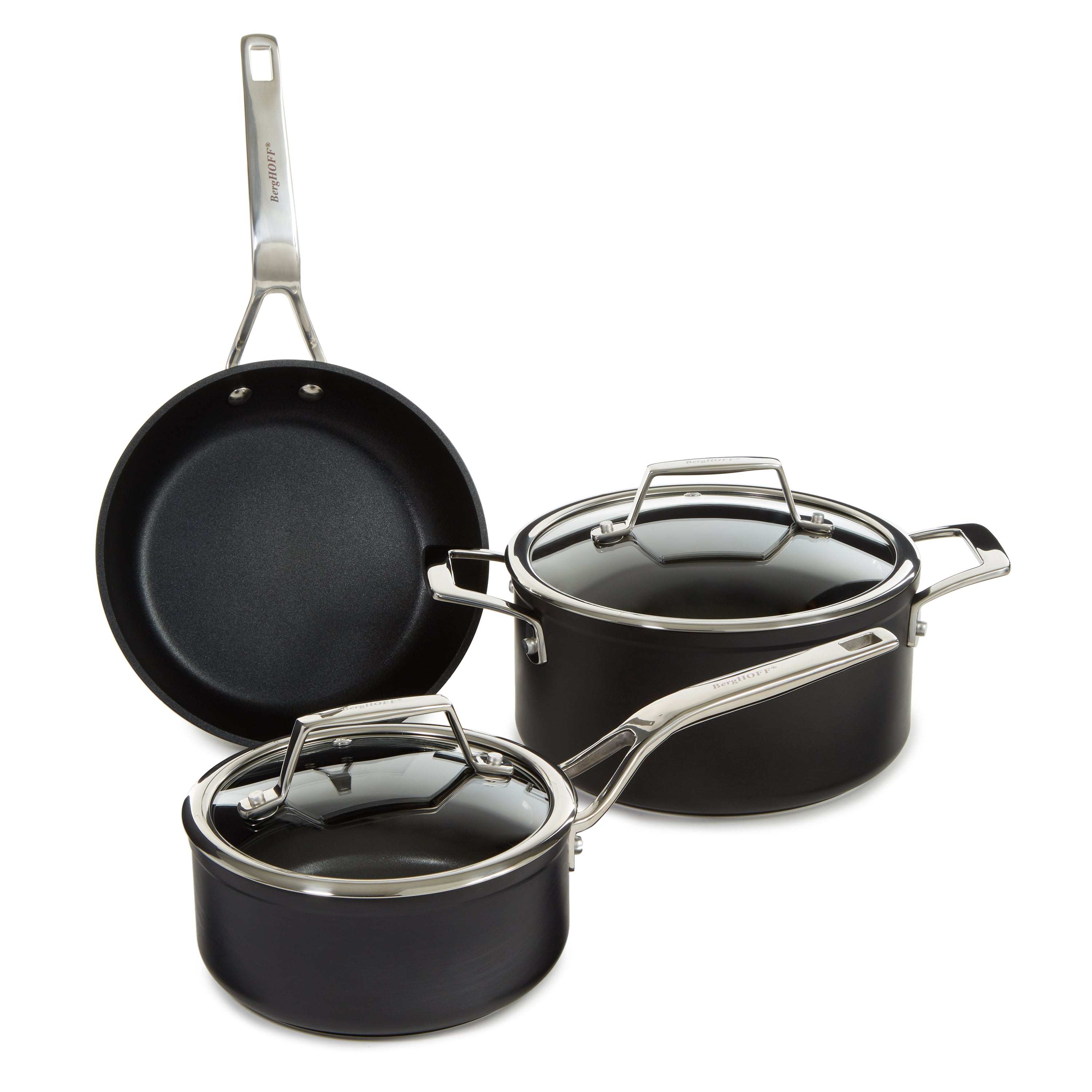 BergHOFF Essentials 5-Piece Nonstick Hard Anodized Cookware Set for 2 People with Glass Lid, Black - Perfect for Small Kitchens, Couples & Compact Cooking Spaces