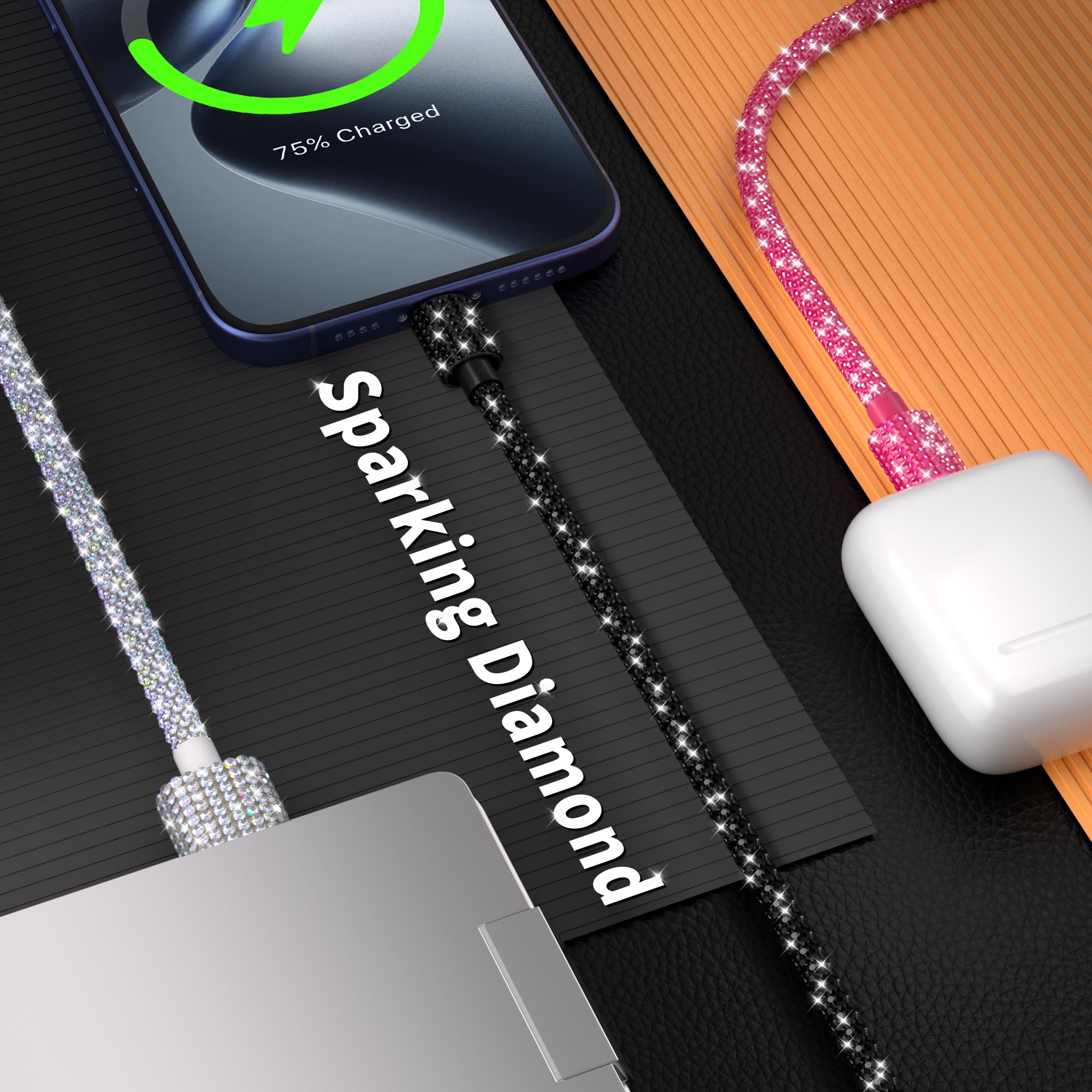60W USB to USB C Fast Charging Cable 4FT - Bling Sparkling Black Diamond Braided Cord for iPhone 16/15/Plus/Pro/Max, Samsung Galaxy S25/S24/S23 - Perfect for Home, Office & Travel Charging