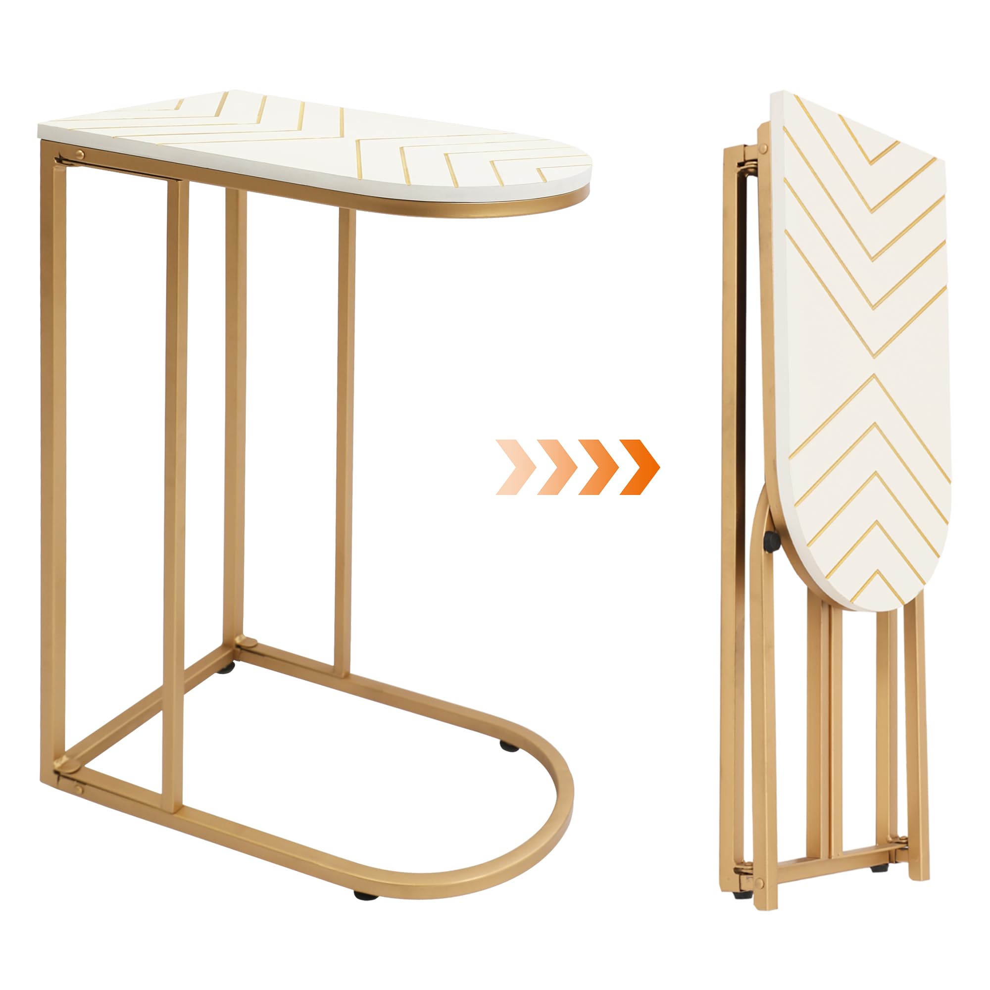 RiteSune Gold Folding C-Shaped End Table - Space Saving TV Tray & Snack Table with Metal Frame - Slide Under Couch Side Table for Living Room, Bedroom - Perfect as Sofa-Side Laptop Desk for Small Spaces