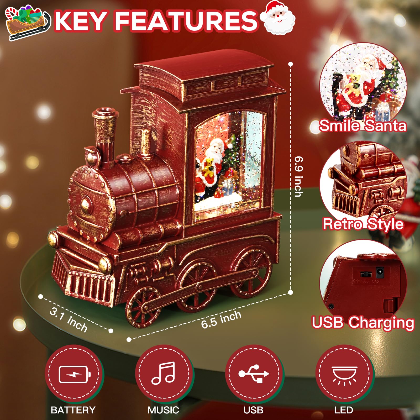 IPOW Christmas Santa Globe Lantern Train with Water Swirling Glitter - Musical Lighted Holiday Decor with 6-Hour Timer (USB/Battery Powered) - Perfect for Christmas Tree, Mantel, Tabletop & Home Decoration Gift
