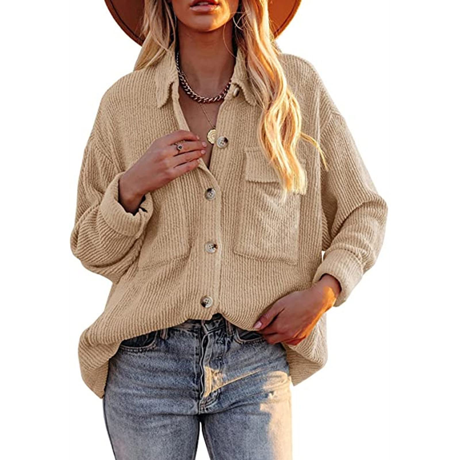FMCHICO Women's Corduroy Long Sleeve Button Down Shirt - Oversized Jacket Top for Casual Wear & Layering | Fall Winter Fashion Outfit Essential