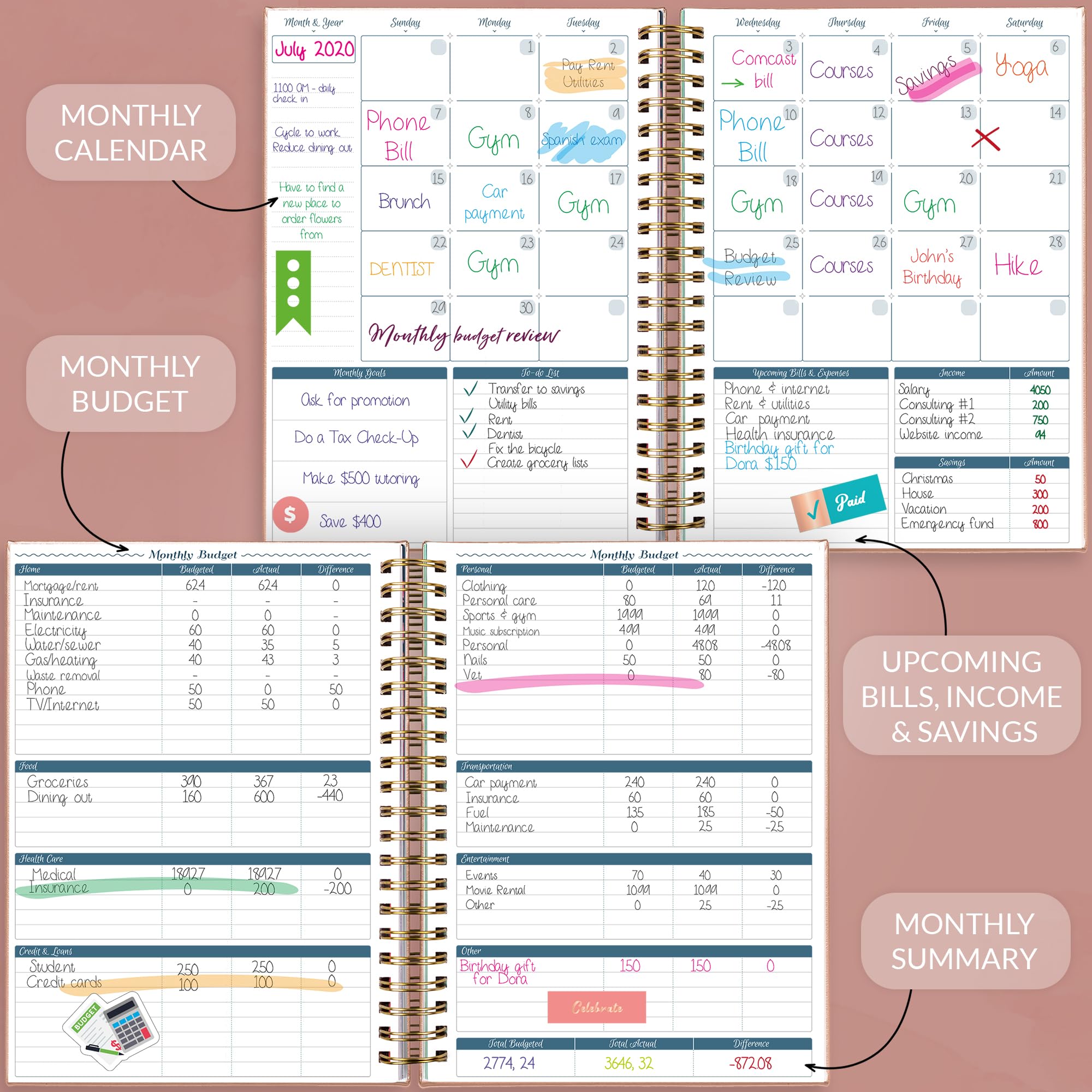 GoGirl Budget Planner - Monthly Bill Organizer with Pockets for Home & Office Finance Tracking (Rose Gold)