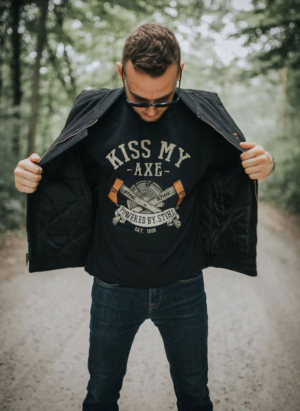 STIHL Kiss My Axe T-Shirt - Funny Lumberjack & Chainsaw Enthusiast Gift for Men & Women - Perfect for Outdoor Work, Camping & Woodcutting