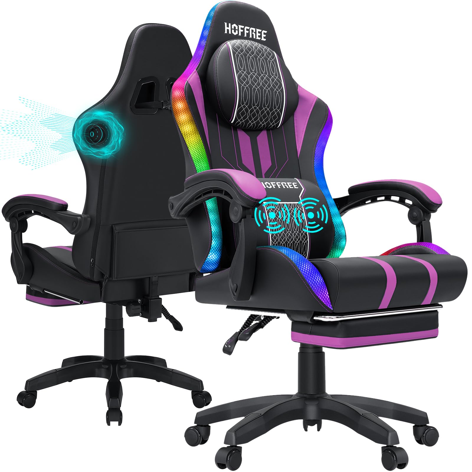 HOFFREE LED Gaming Chair with Massage & Speakers - Big and Tall Ergonomic Video Game Chair for Adults, 400lbs Capacity, Reclining High Back Office Computer Desk Chair with Footrest - Purple & Black - Perfect for Gaming, Streaming, and Home Office Workspace