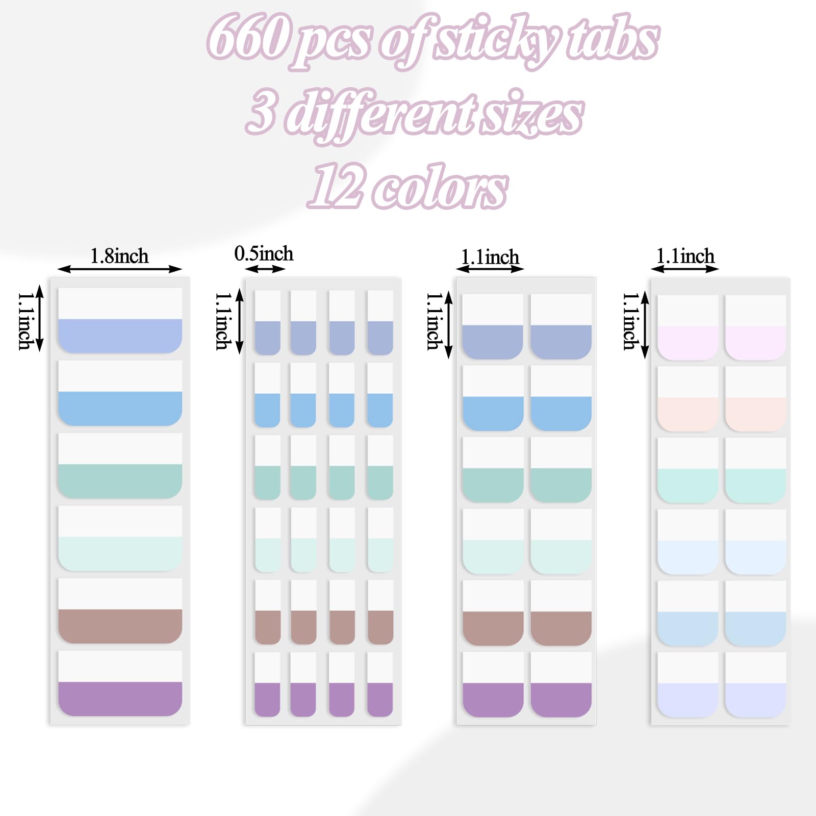 Joyberg 660P Sticky Tabs - 12 Color Repositionable & Writable Index Tabs for Notebooks, Books, Binders, File Folders - Perfect for Office Organization, School Notes & Document Labeling