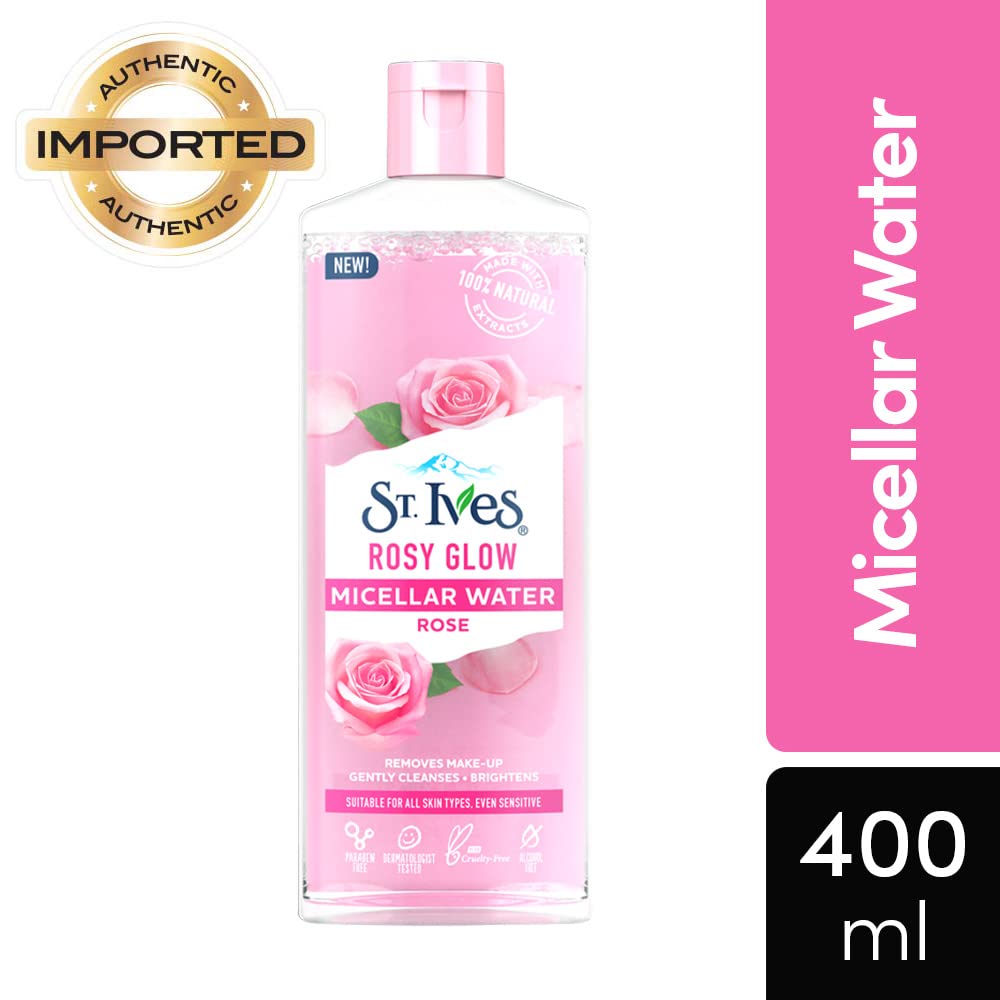 St. Ives Rosy Glow Rose Micellar Water - 100% Natural Extracts, 3-in-1 Cleanser, Toner & Makeup Remover for All Skin Types | Gentle, Paraben-Free, Alcohol-Free & Oil-Free Face Cleansing Water (400ml) | Perfect for Daily Skincare, Makeup Removal & Hydration Routine
