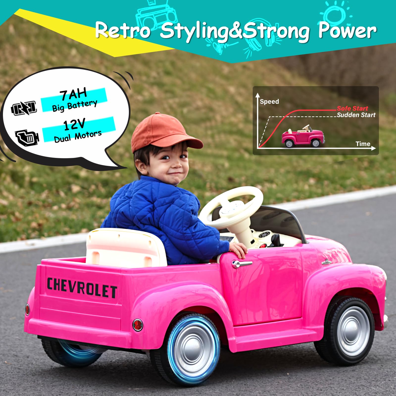 Joywhale 12V Kids Ride on Car - Licensed Chevrolet 3100 Pickup Electric Toy Vehicle with 7AH Battery, 2.4G Remote Control, 3 Speed Modes, Music & Storage | Retro Style Pink Battery-Powered Motorized Car for Boys & Girls | Perfect for Birthday Gifts, Outdoor Play & Backyard Fun