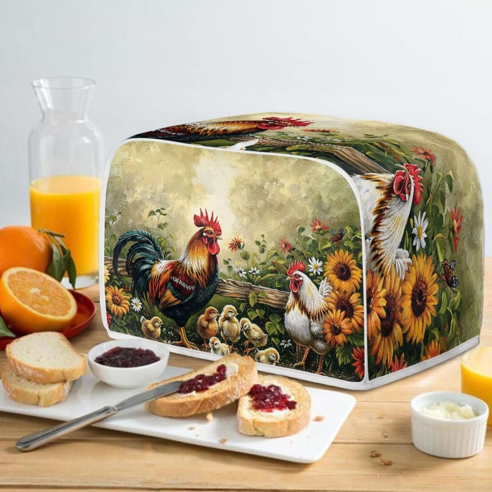 ZDCUSTOM Heat-Resistant Toaster Cover with Top Hook - Anti-Splash, Washable Dust Protector for Toaster Ovens (Rooster & Sunflower Design) - Perfect for Kitchen Countertop Protection and Appliance Maintenance