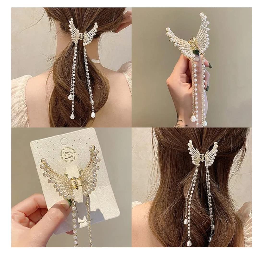 Elegant MANODHRUVA Pearl & Stone Hair Clips for Women - Wedding, Party & Everyday Hair Accessories | Butterfly Claw Clip, Metal Hair Clutcher for Girls & Women