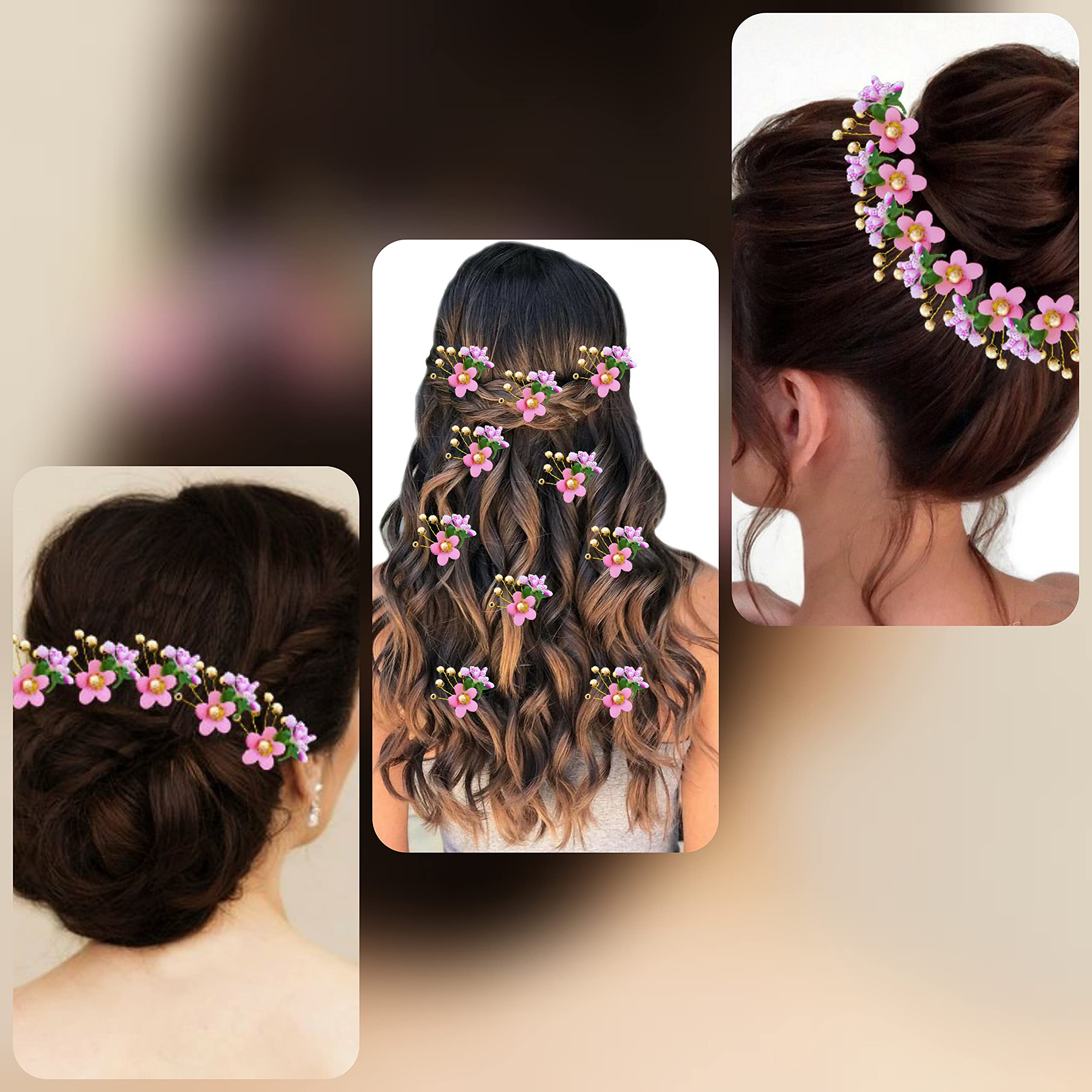Golden Pearl Floral Hair Pins for Women - Round Flower Hair Clips with Pearls, Wedding Bridal Hair Accessories, Baby Pink Pack of 10 - Perfect for Weddings, Proms, Parties and Special Occasions