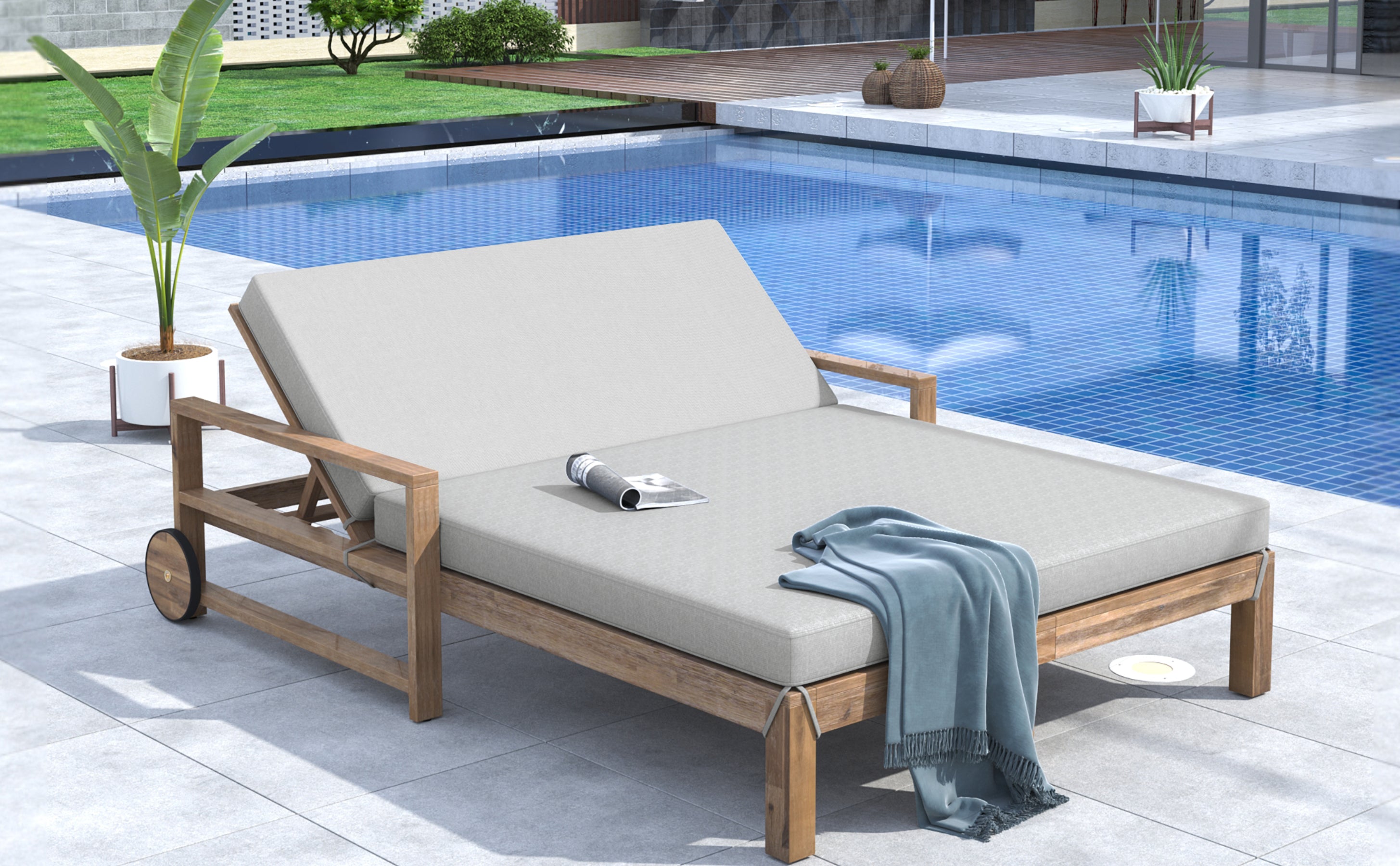 Farmhouse Style Wooden Outdoor Sunbed - 2 Person Daybed for Poolside, Garden & Backyard Relaxation | Weather-Resistant Grey Patio Furniture for Lounging, Sunbathing & Outdoor Entertaining