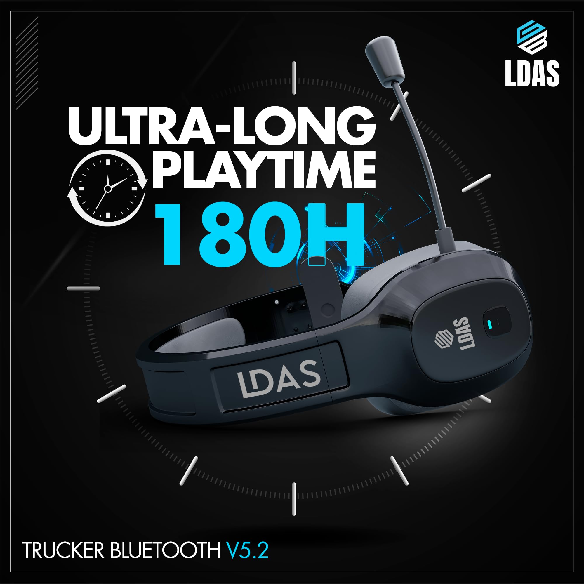 LDAS Trucker Bluetooth Headset V5.2 - Wireless Over-Ear Headphones with Mute Button & AI Noise Cancellation for Phone Calls | Compatible with Cell Phones, Computers & Home Office | Includes Charger | Perfect for Truck Drivers, Remote Work & Online Meetings