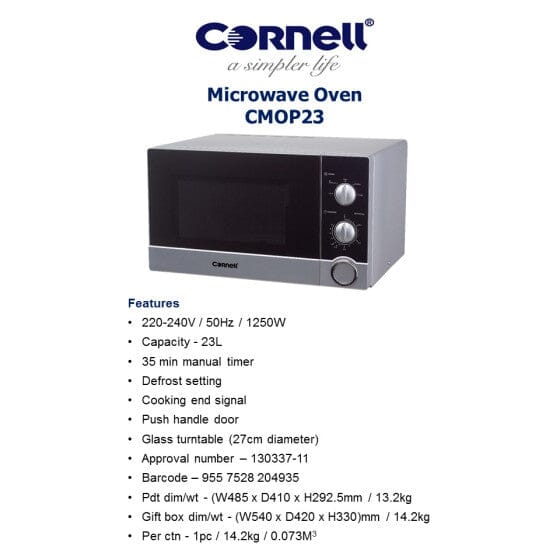 Cornell CMOP23 23L Countertop Microwave Oven - Compact & Powerful for Small Kitchens, Dorms, Offices & RVs