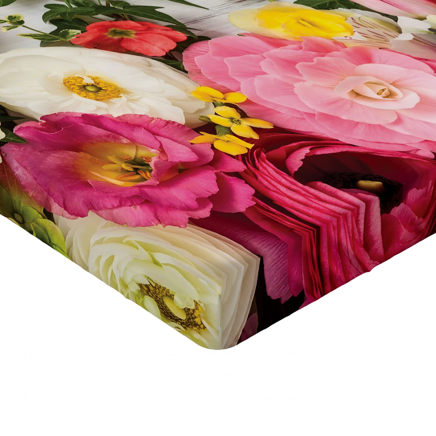 Ambesonne Rustic Queen Size Fitted Sheet - Floral Ranunculus & Rose Design on Wood Backdrop, All-Around Elastic Deep Pocket for Secure Fit, Spring Bedding Collection | Perfect for Guest Rooms, Vacation Homes & Cozy Bedroom Decor