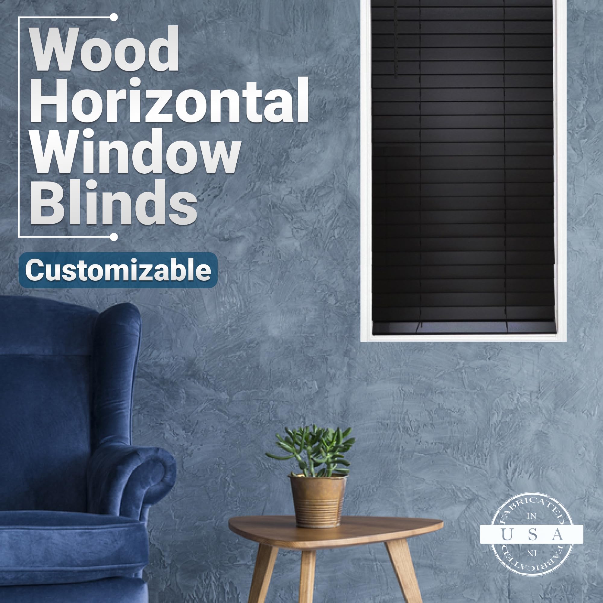 Customizable 2 Inch Wood Horizontal Cordless Window Blinds - Black - Inside/Outside Mount - Perfect for Living Room, Bedroom & Home Office