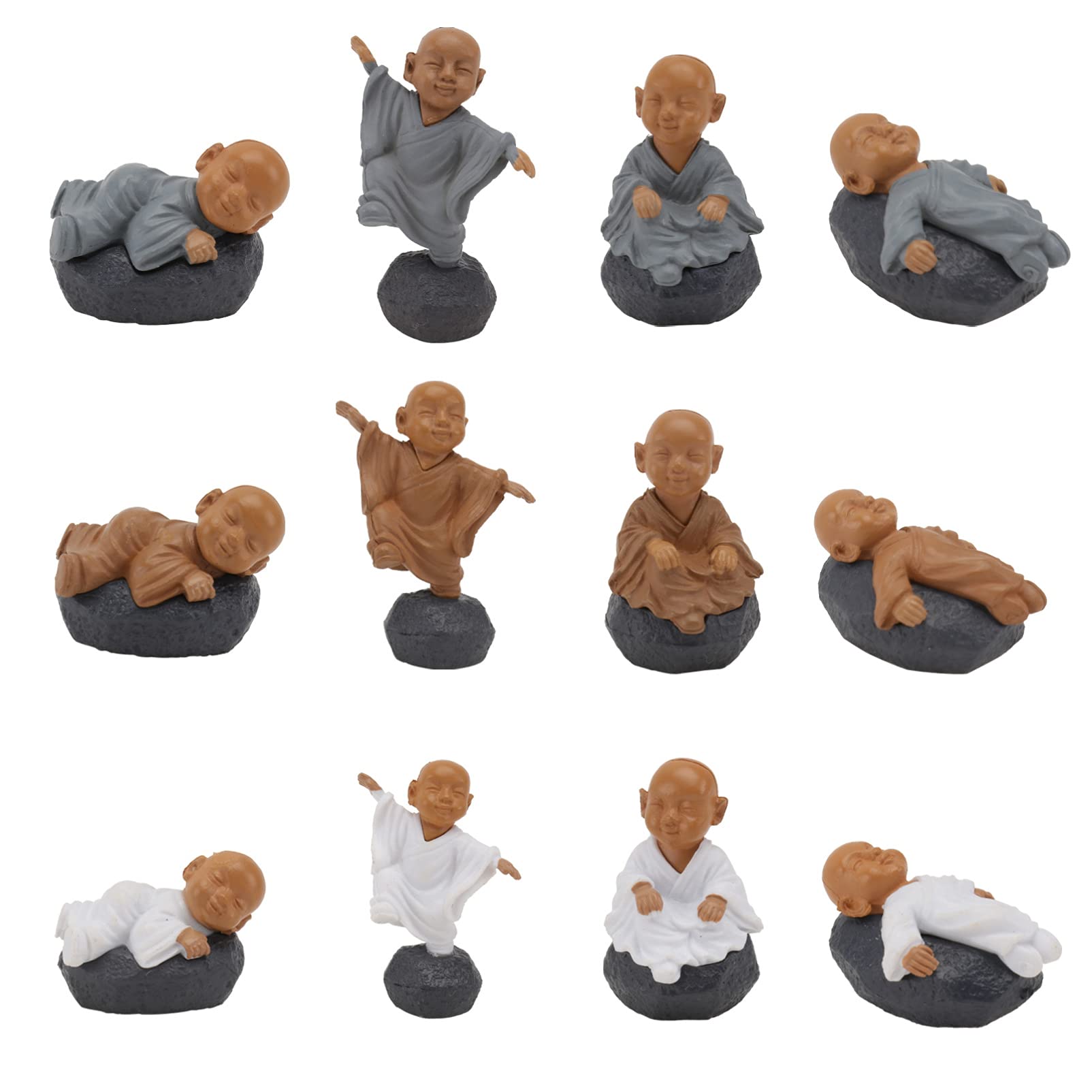 12pcs Ceramic Smiling Buddha Statues - Monk Landscape Ornaments for Terrarium, Fish Tank, Cake Decor, Car Dashboard & Outdoor Decor - Cartoon Buddha Figurines for Home, Garden & Office Decorations