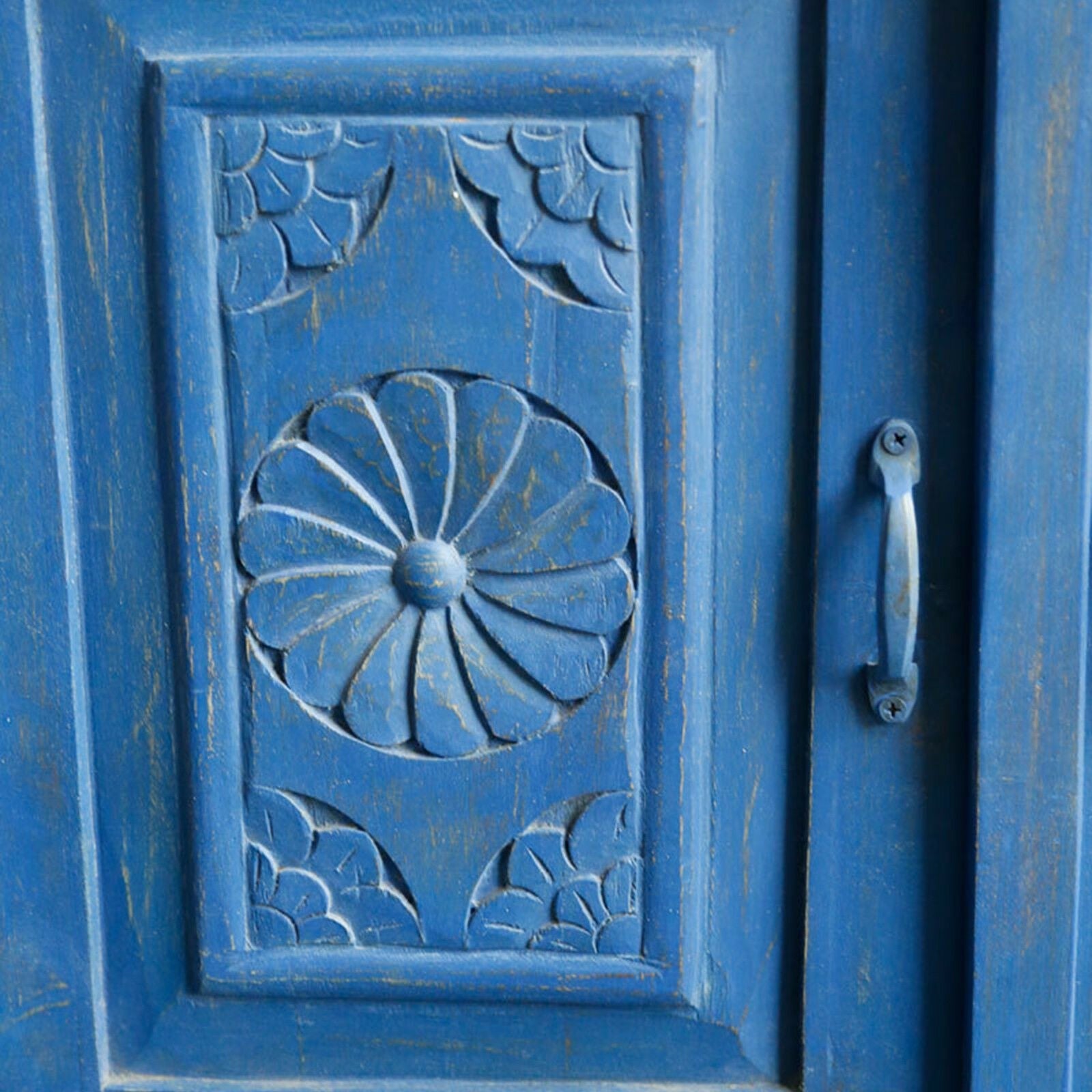 Hand Carved Shutter Design Solid Wood Sideboard Cabinet - Vintage Blue Storage Buffet for Dining Room, Living Room & Entryway